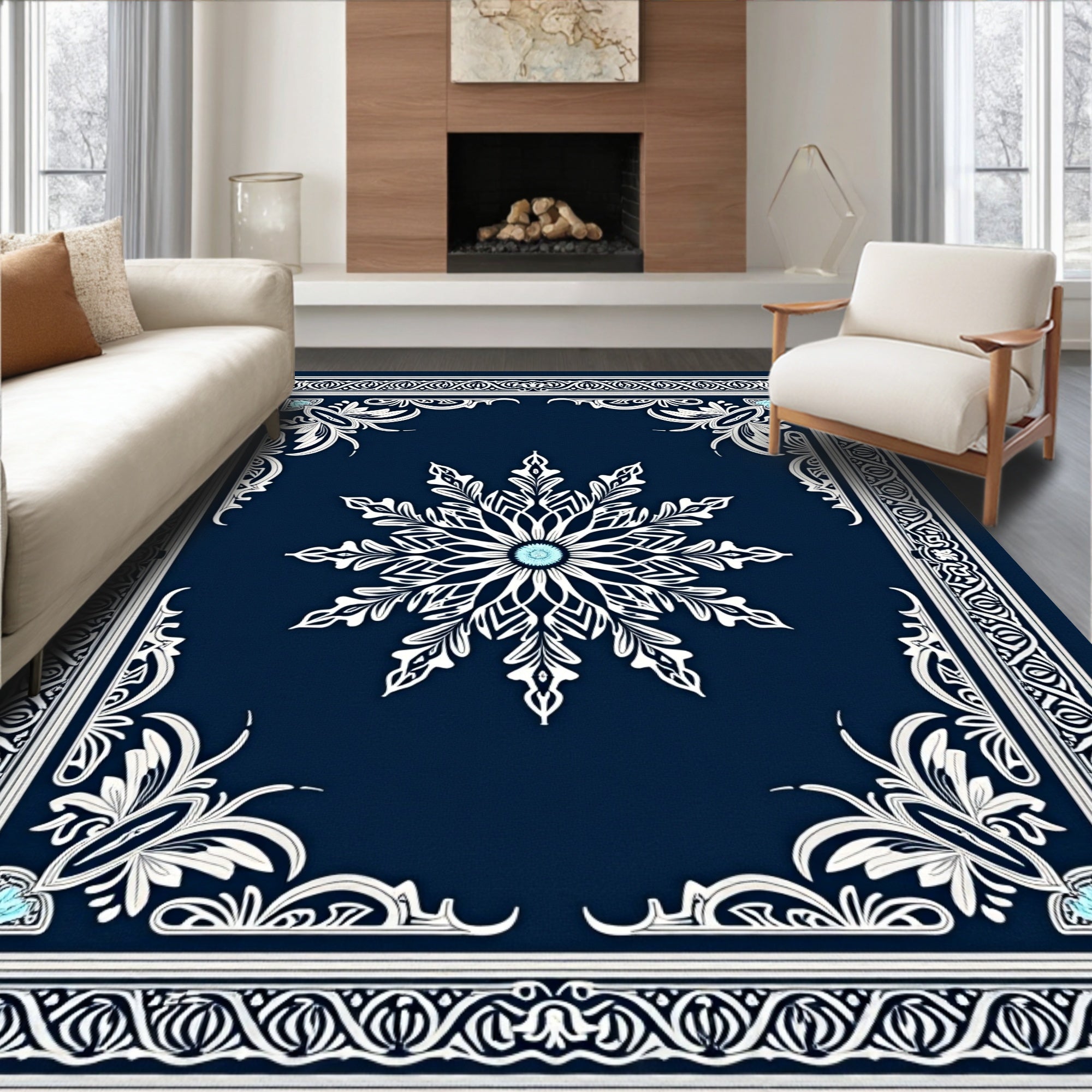 Deep Blue White Snowflake Medallion Rug