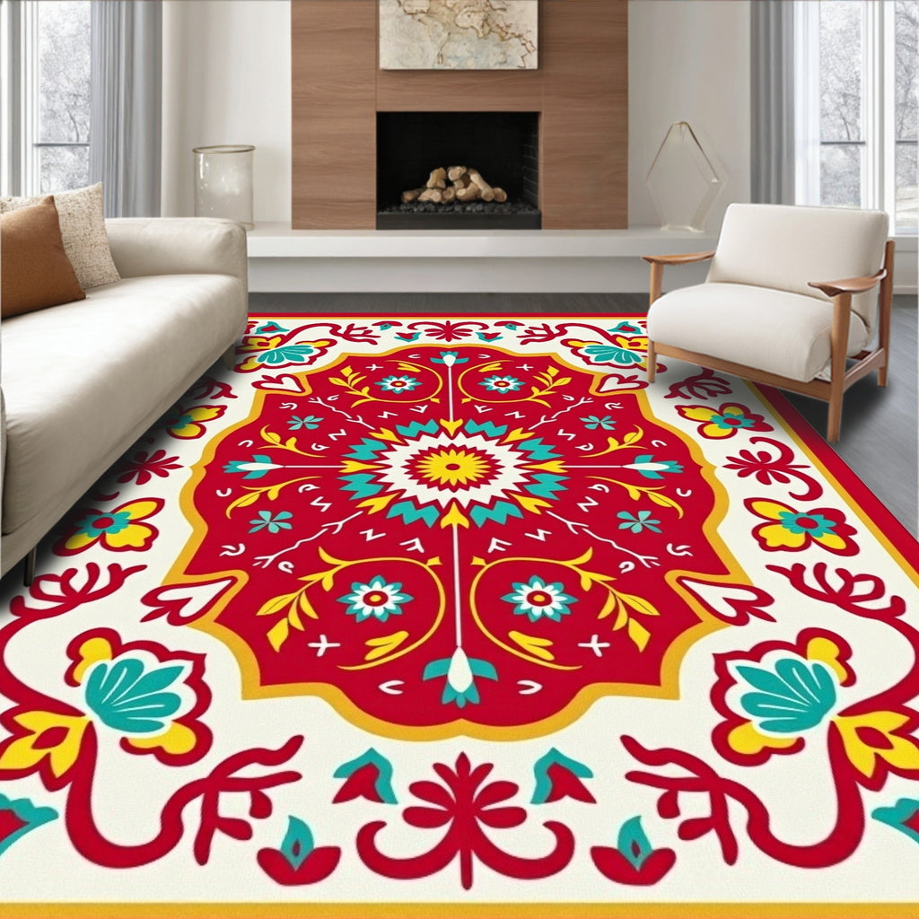Vibrant Red Floral Medallion Rug