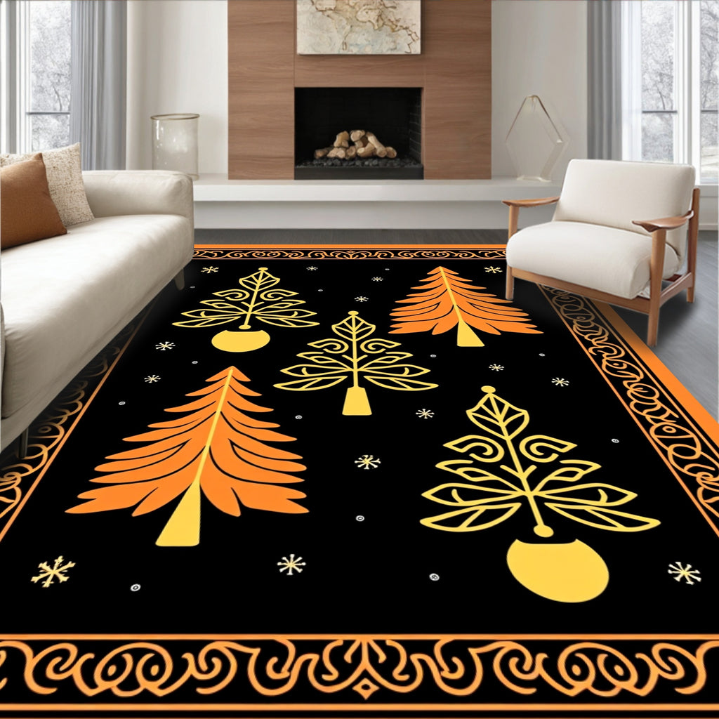 Orange Black Christmas Tree Border Rug