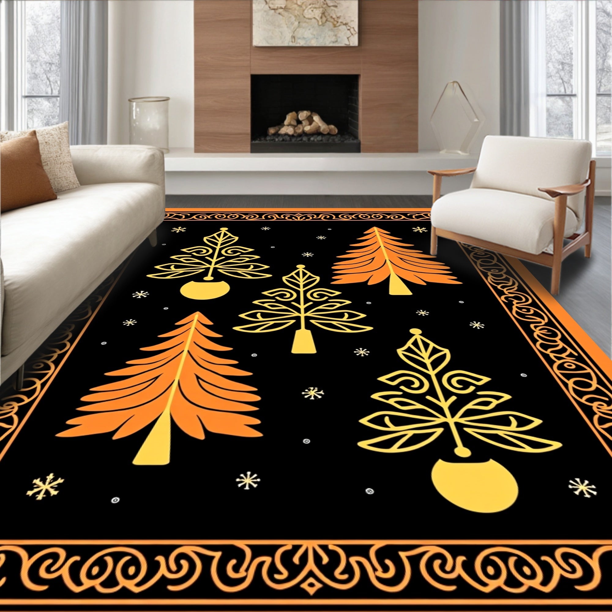 Orange Black Christmas Tree Border Rug