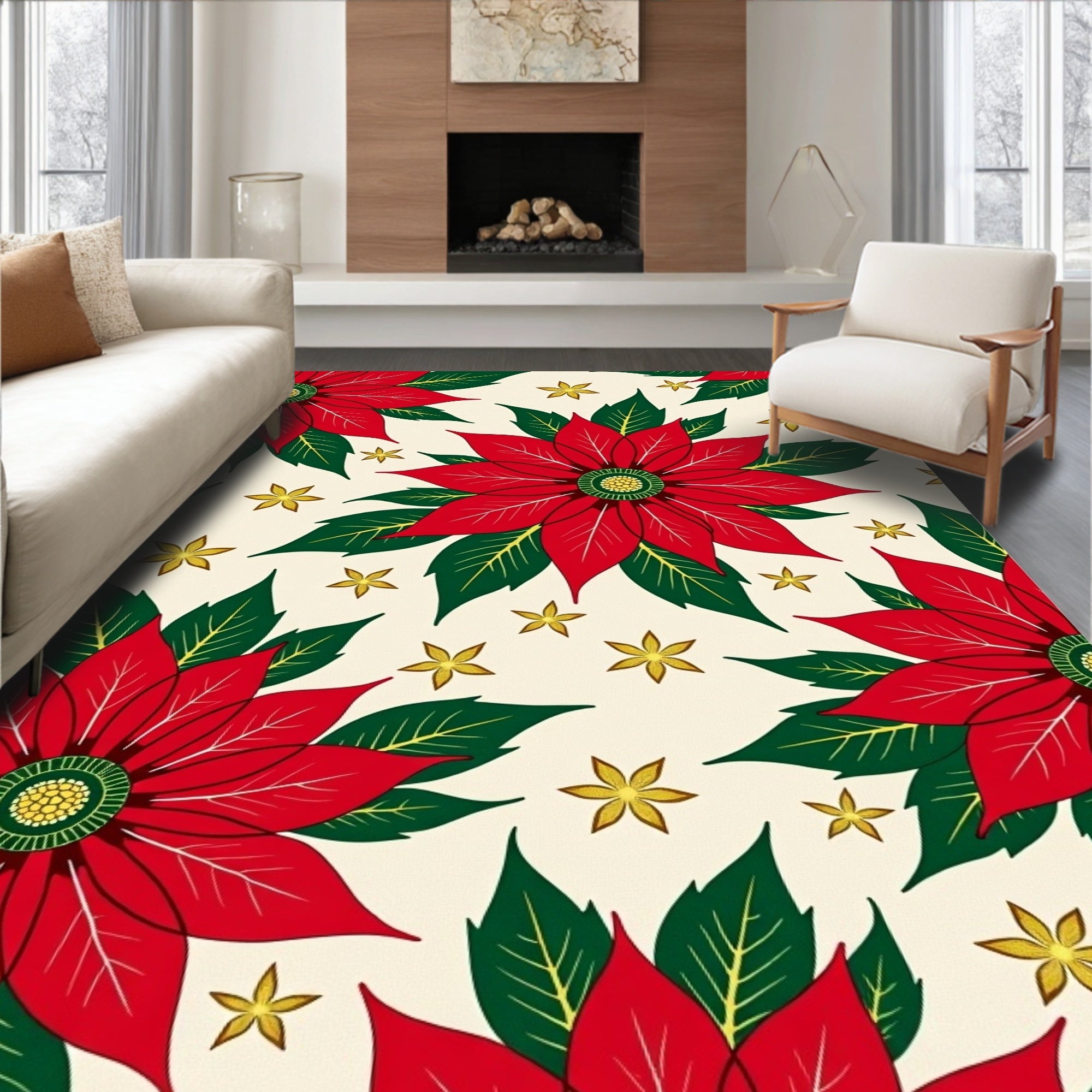 Crimson Poinsettia Garden Cream Rug