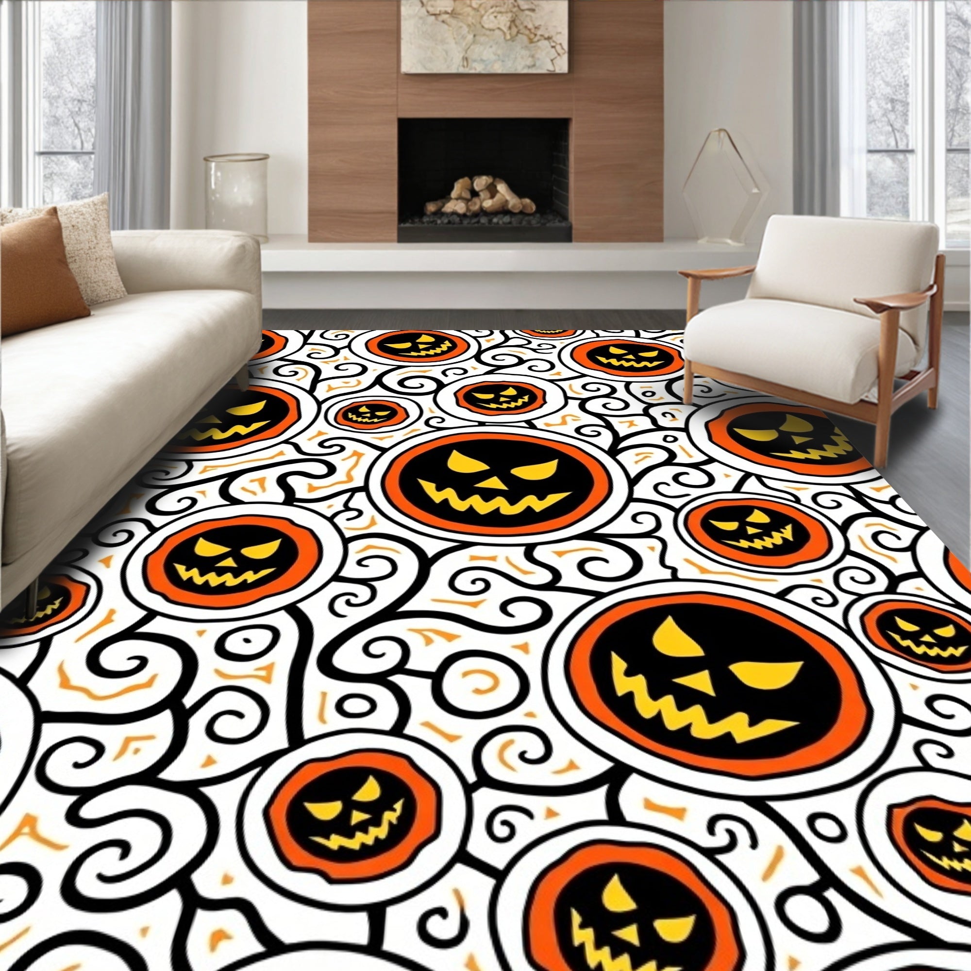 Spooky Orange Jack O Lantern Swirls Rug