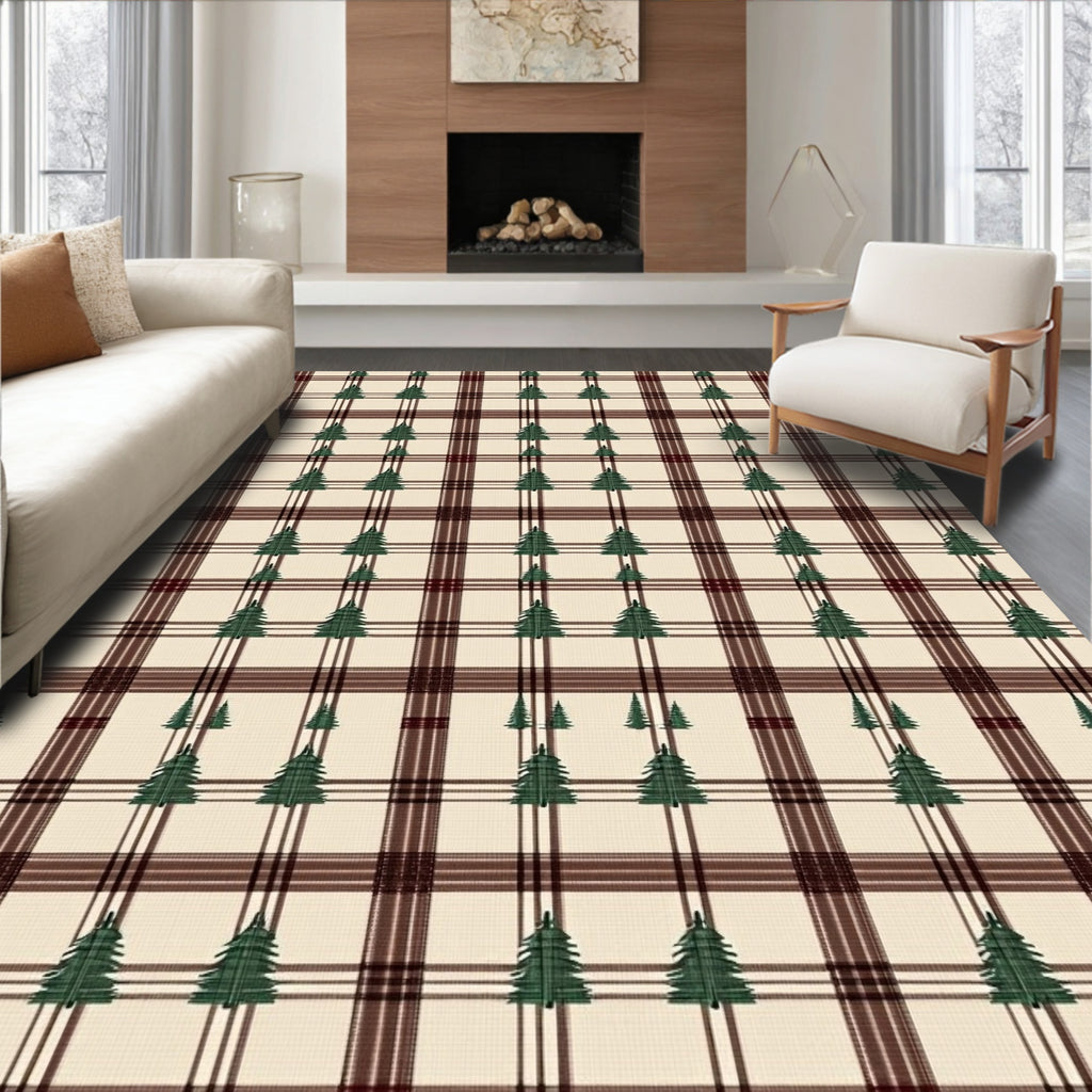 Cream Burgundy Plaid Pine Tree Rug