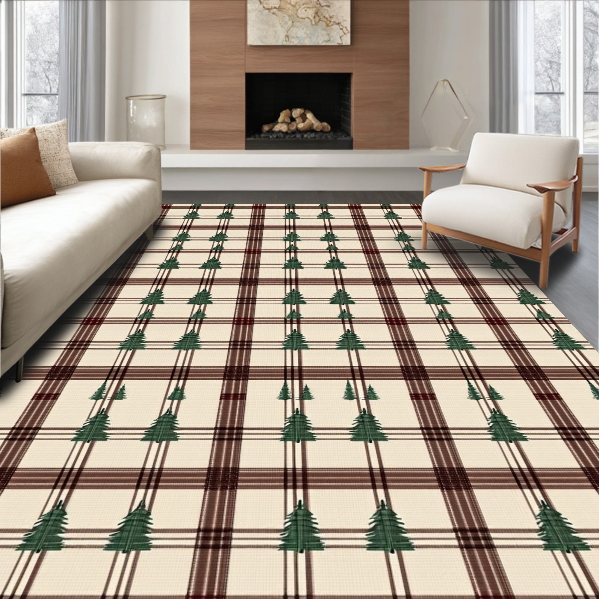 Cream Burgundy Plaid Pine Tree Rug