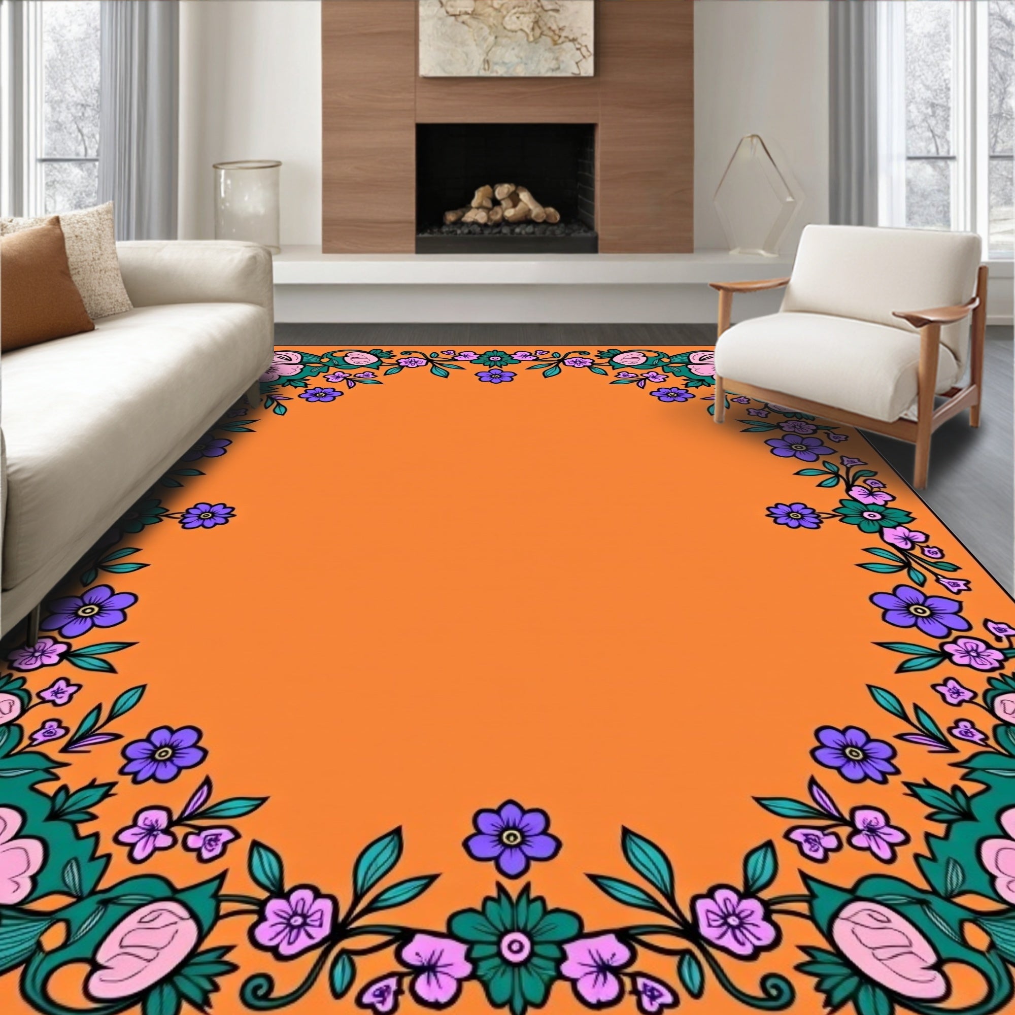 Vibrant Orange Floral Scroll Border Rug