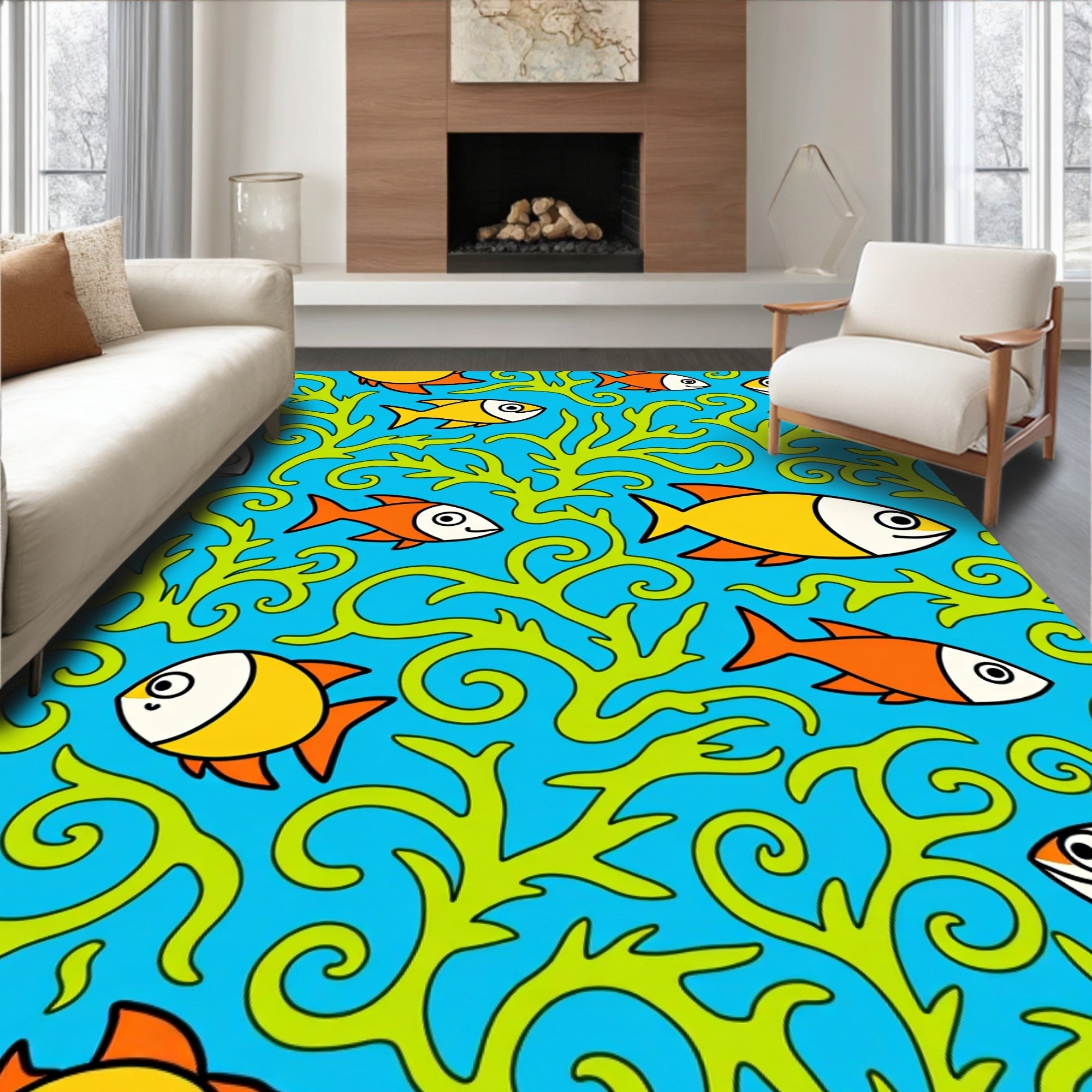 Whimsical Blue Orange Fish Seaweed Rug