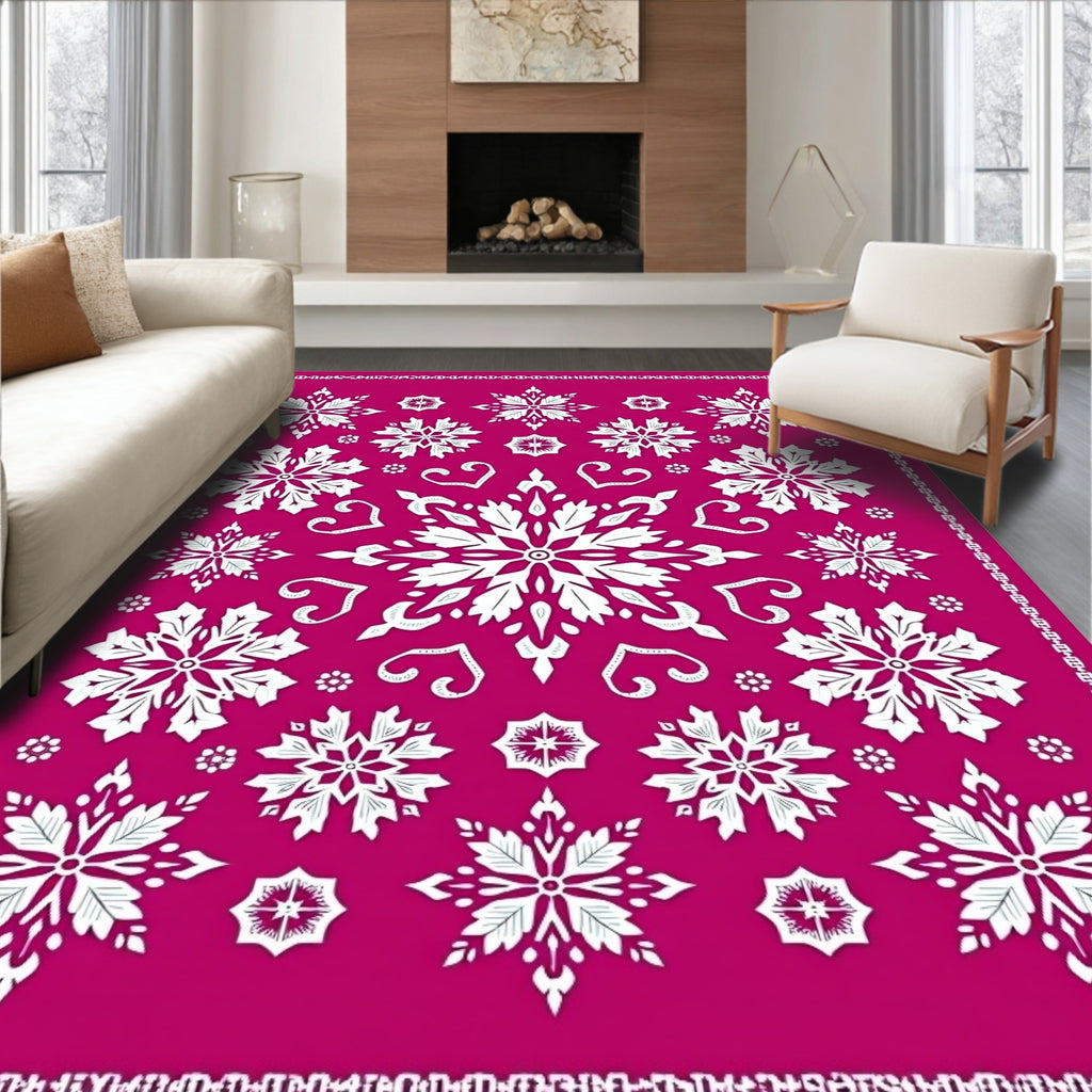 Whimsical White Snowflake Framed Rug