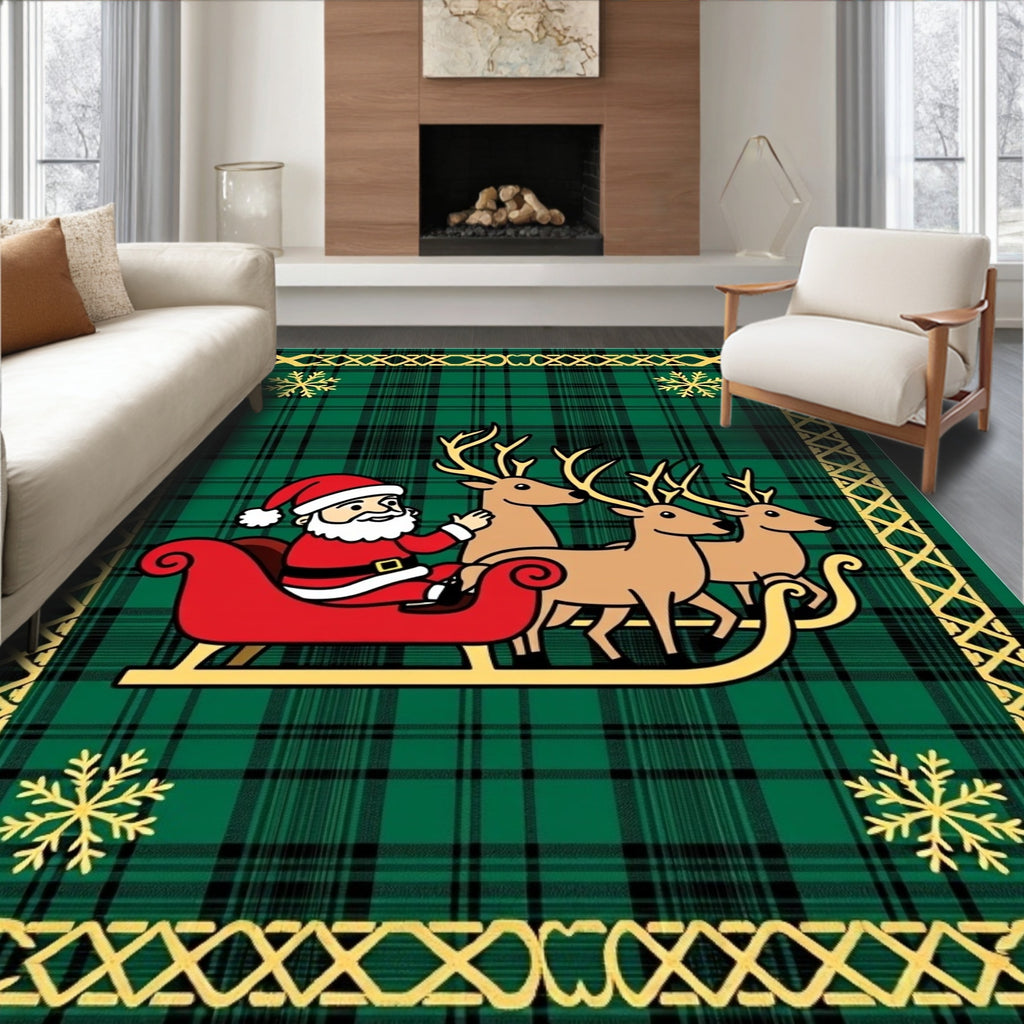 Green Plaid Santa Sleigh Reindeer Snowflakes Rug