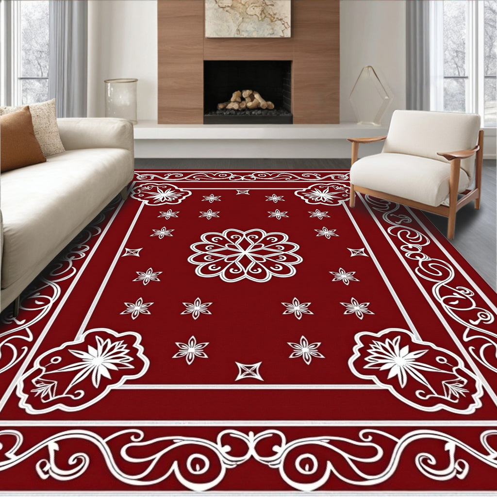 Deep Red White Scrollwork Bloom Rug