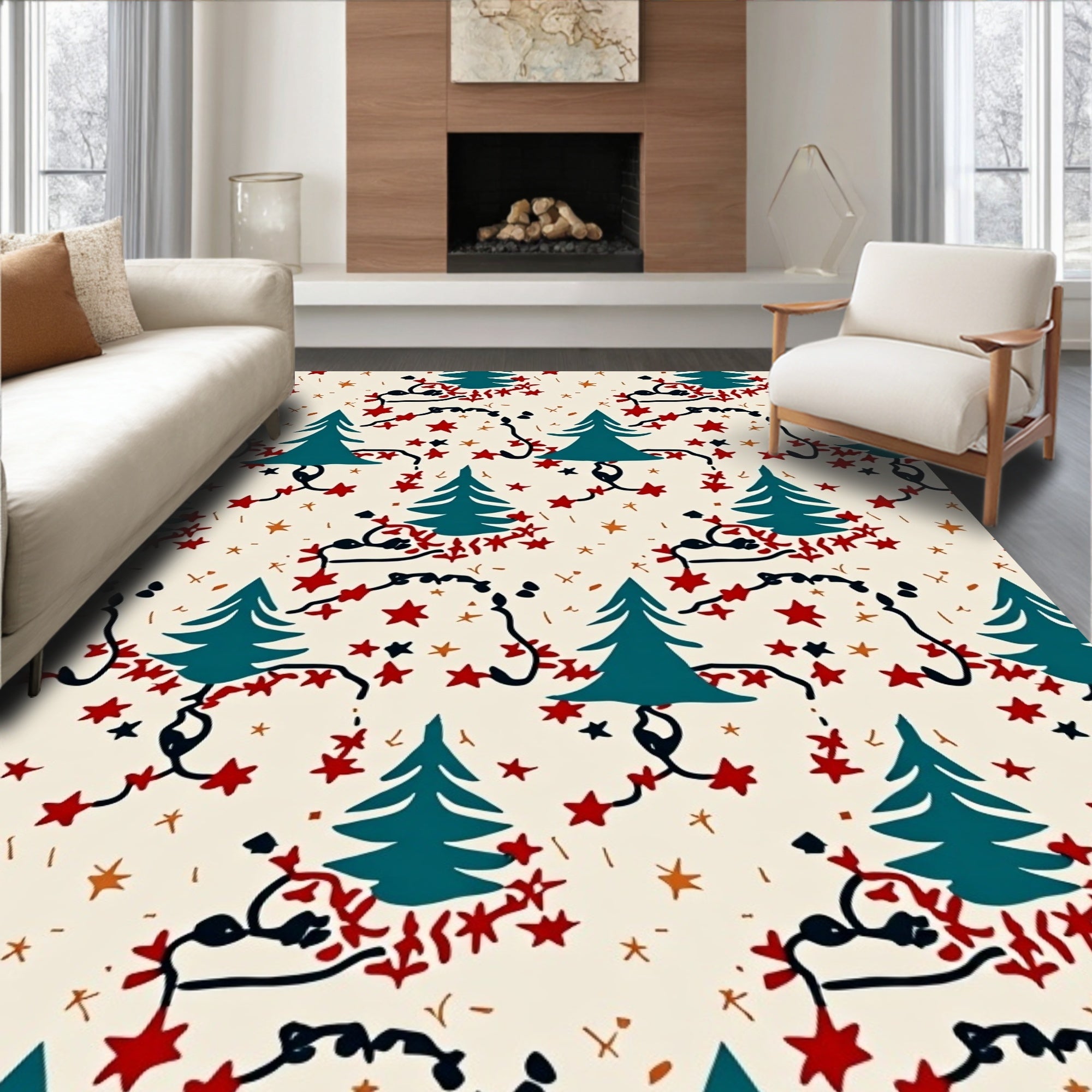 Teal Pine Tree with Red Star Garland Rug
