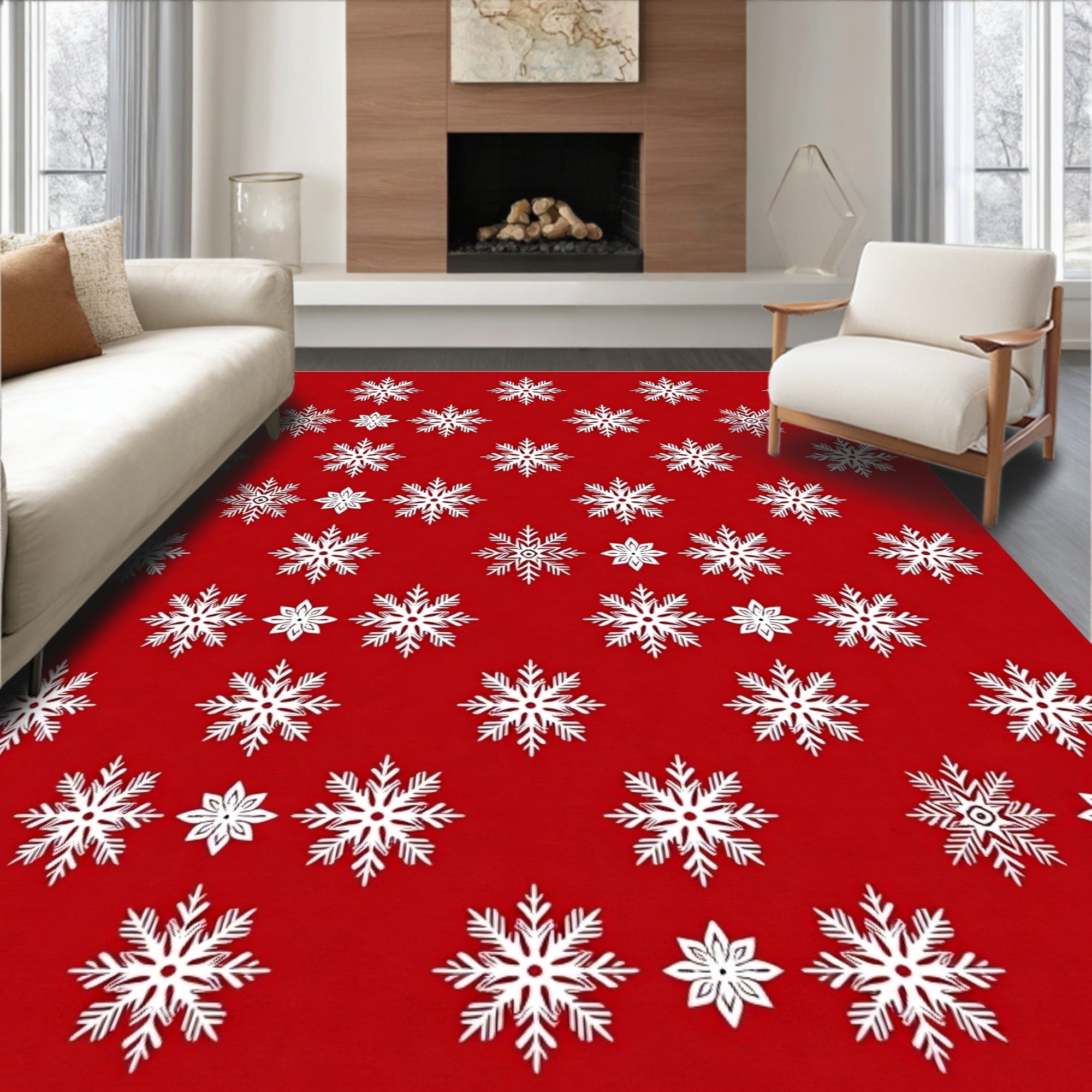 Classic White Snowflake Festive Red Rug