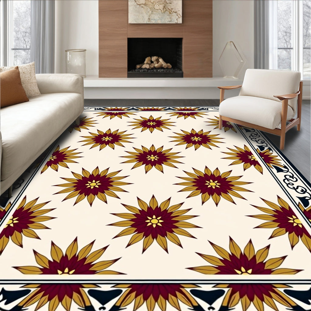 Deep Burgundy Gold Starburst Repeating Borders Rug