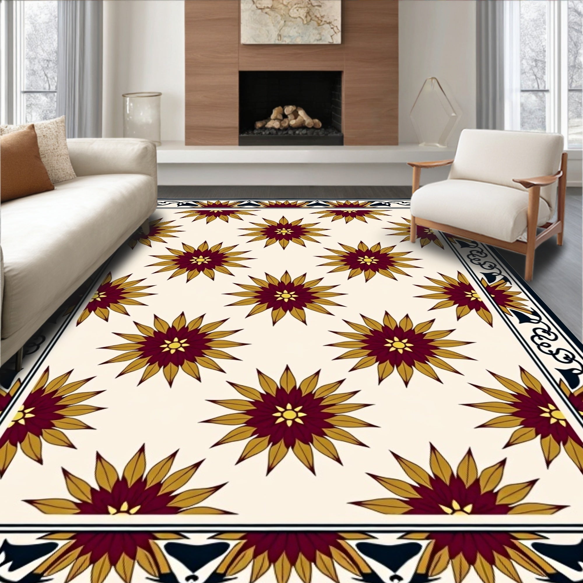 Deep Burgundy Gold Starburst Repeating Borders Rug