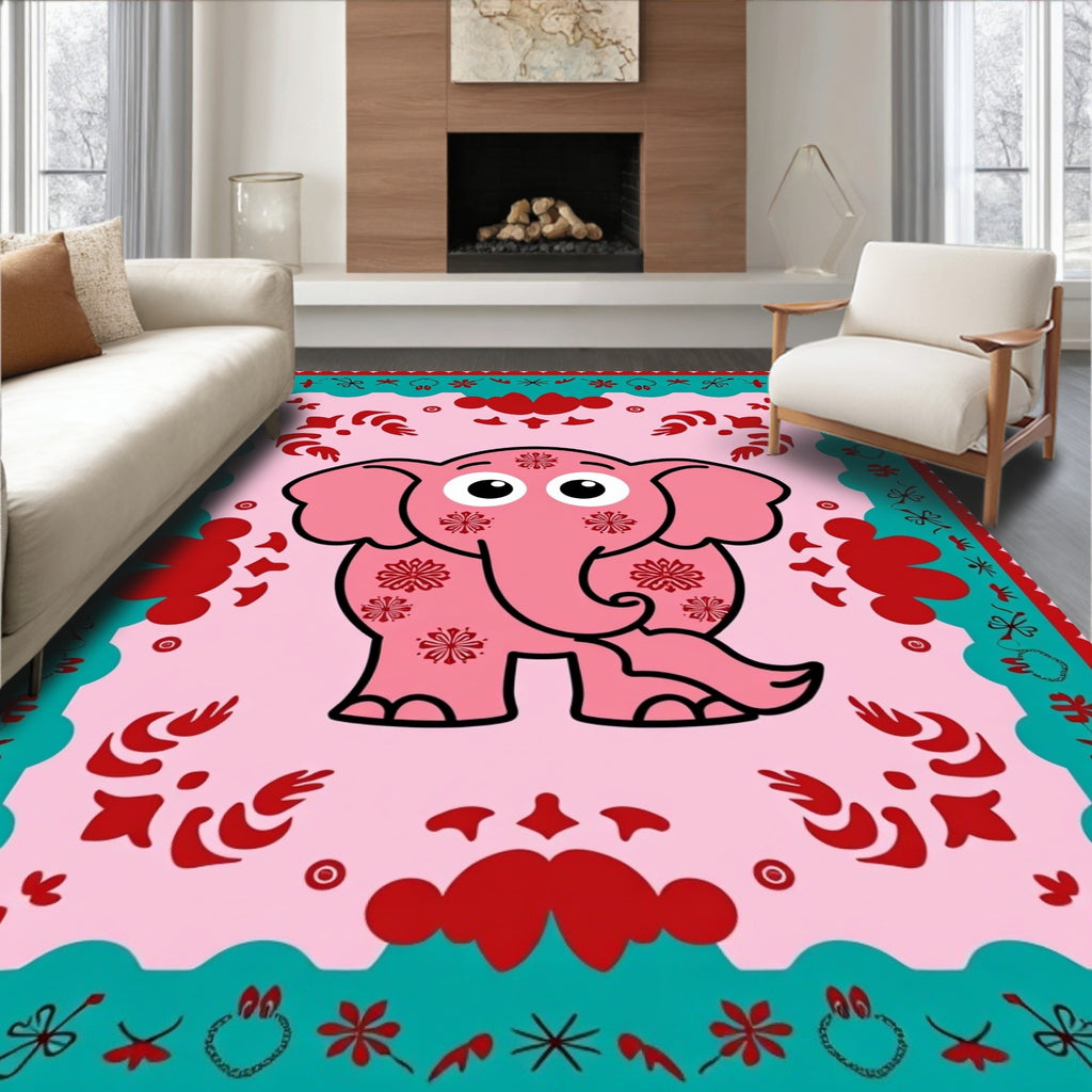 Pink Elephant Floral Border Rug