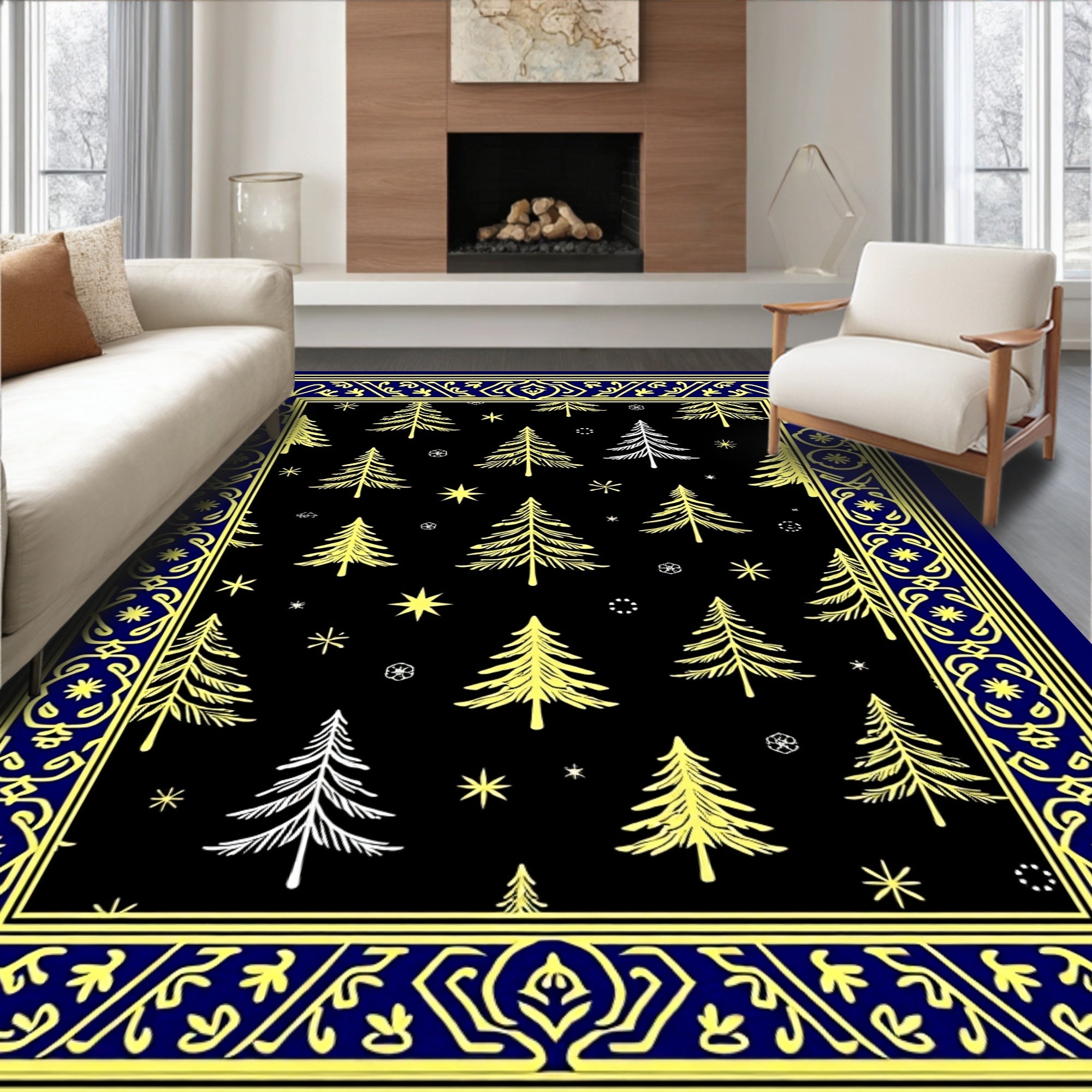 Midnight Blue Yellow Tree Garland Rug