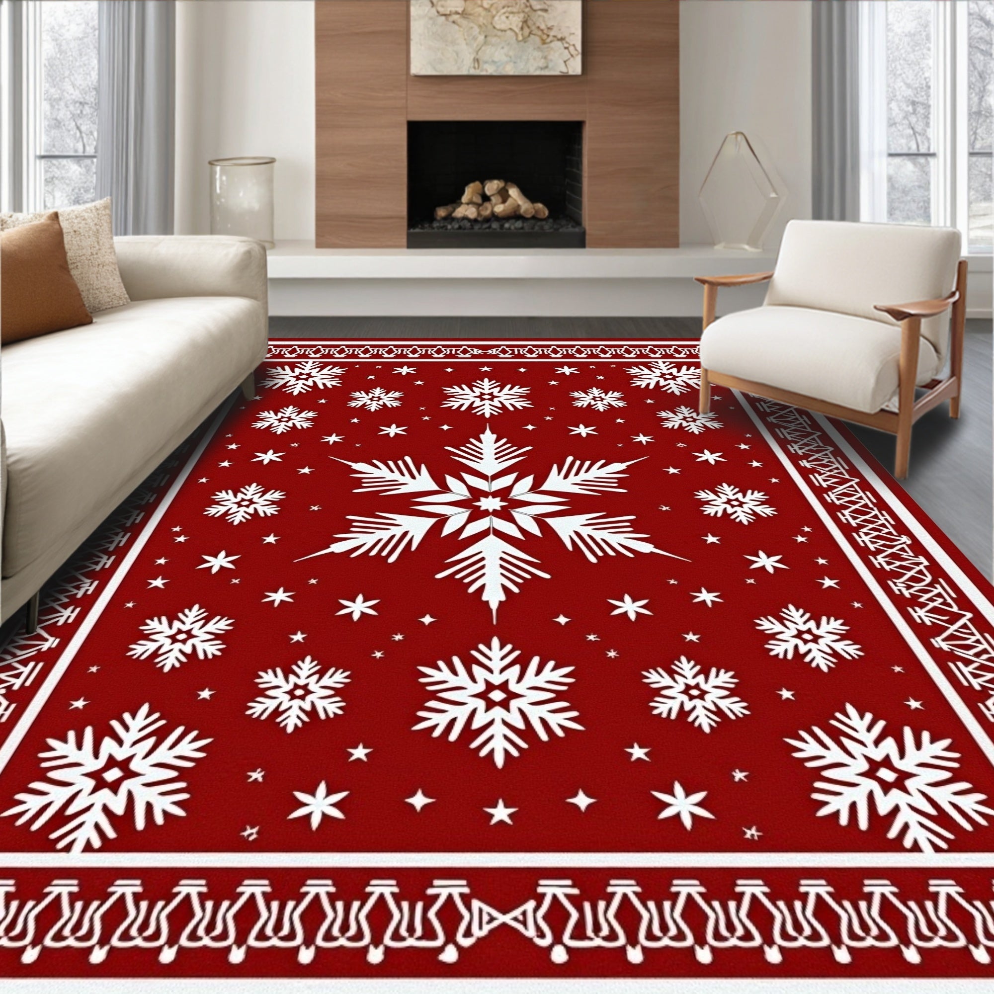 Winter Red Snowflake Medallion Rug