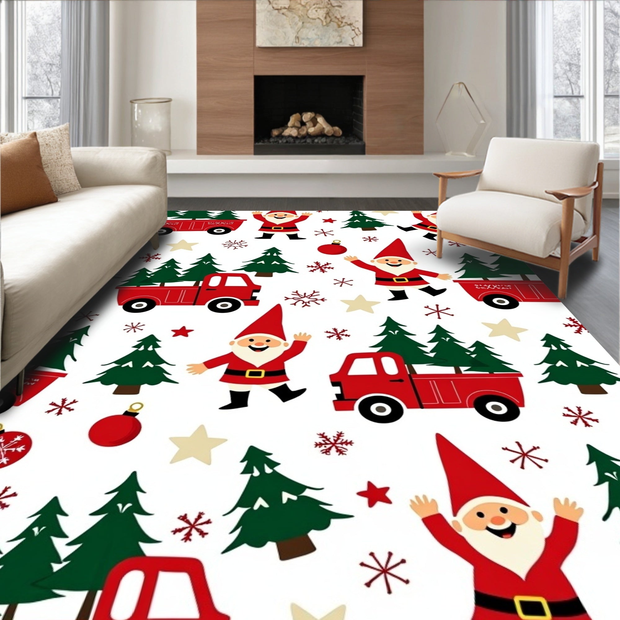 Jolly Gnome Red Truck Christmas Tree Scene Rug