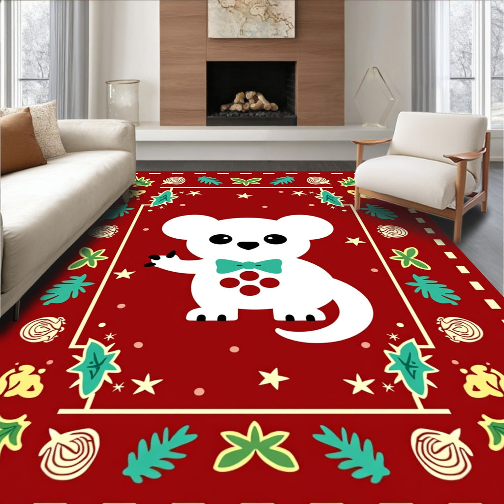 White Bear With Teal Bow Red Border Rug