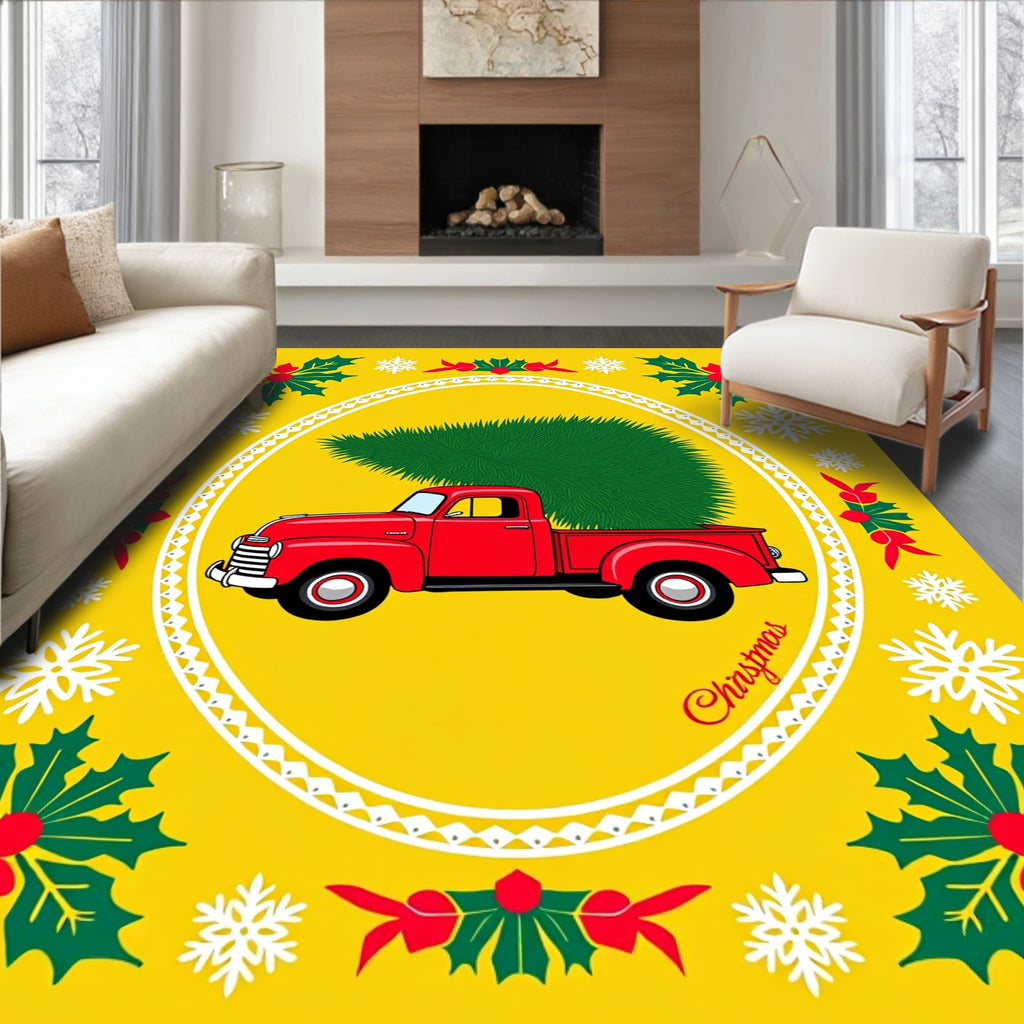 Red Vintage Truck Christmas Tree Holly Rug
