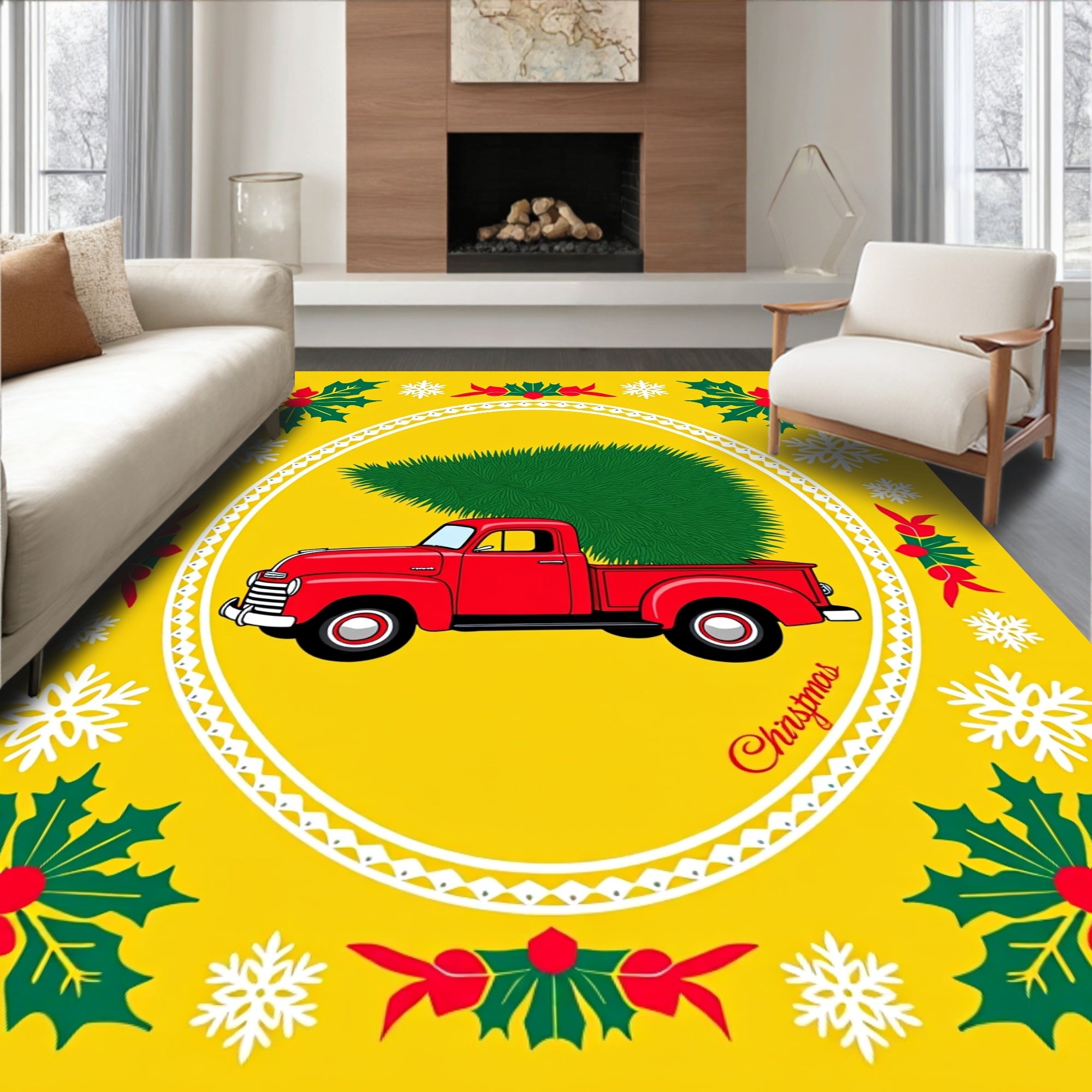 Red Vintage Truck Christmas Tree Holly Rug
