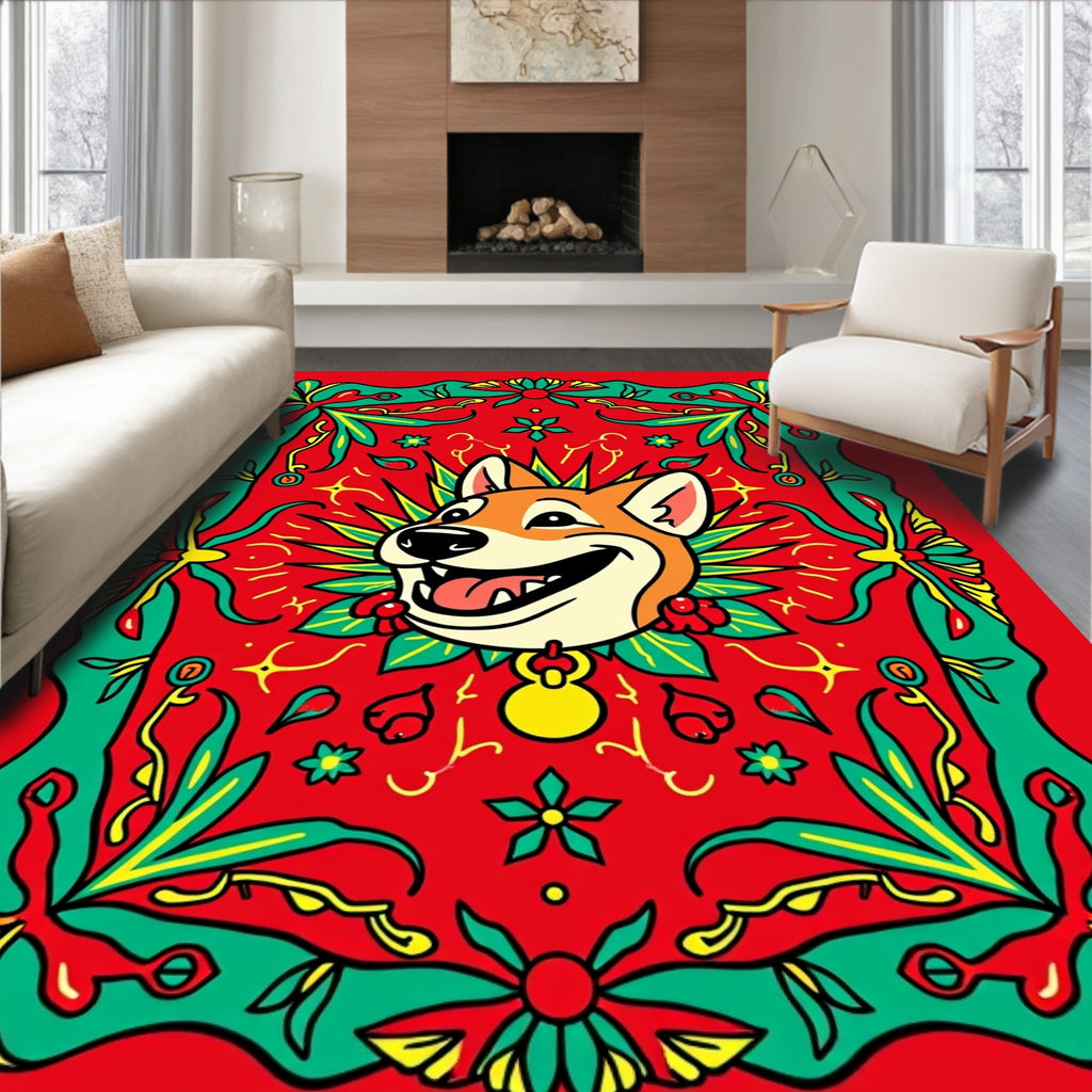 Joyful Shiba Inu Floral Medallion Scarlet Rug