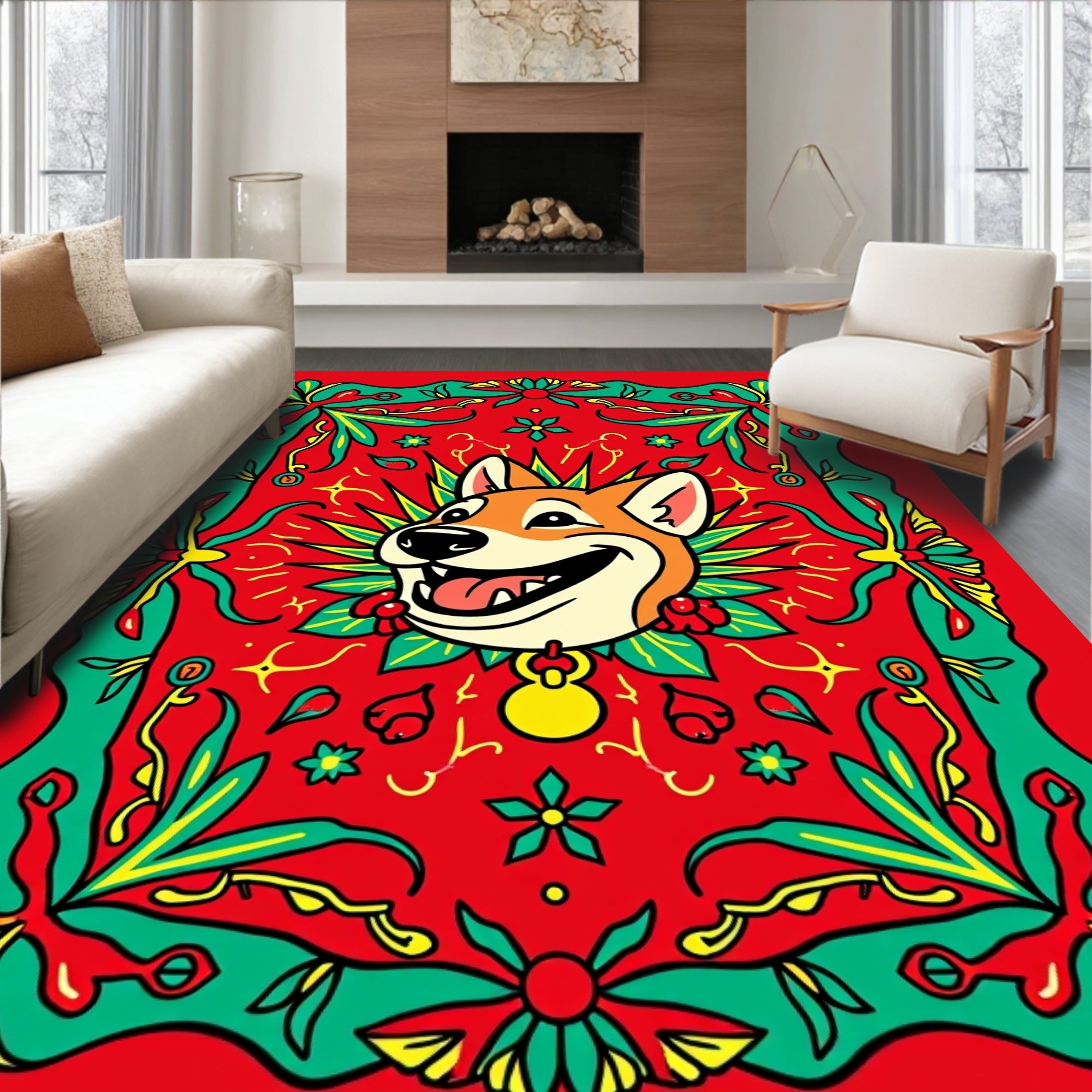 Joyful Shiba Inu Floral Medallion Scarlet Rug