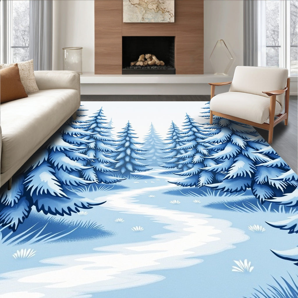 Blue Snowy Forest Path Rug