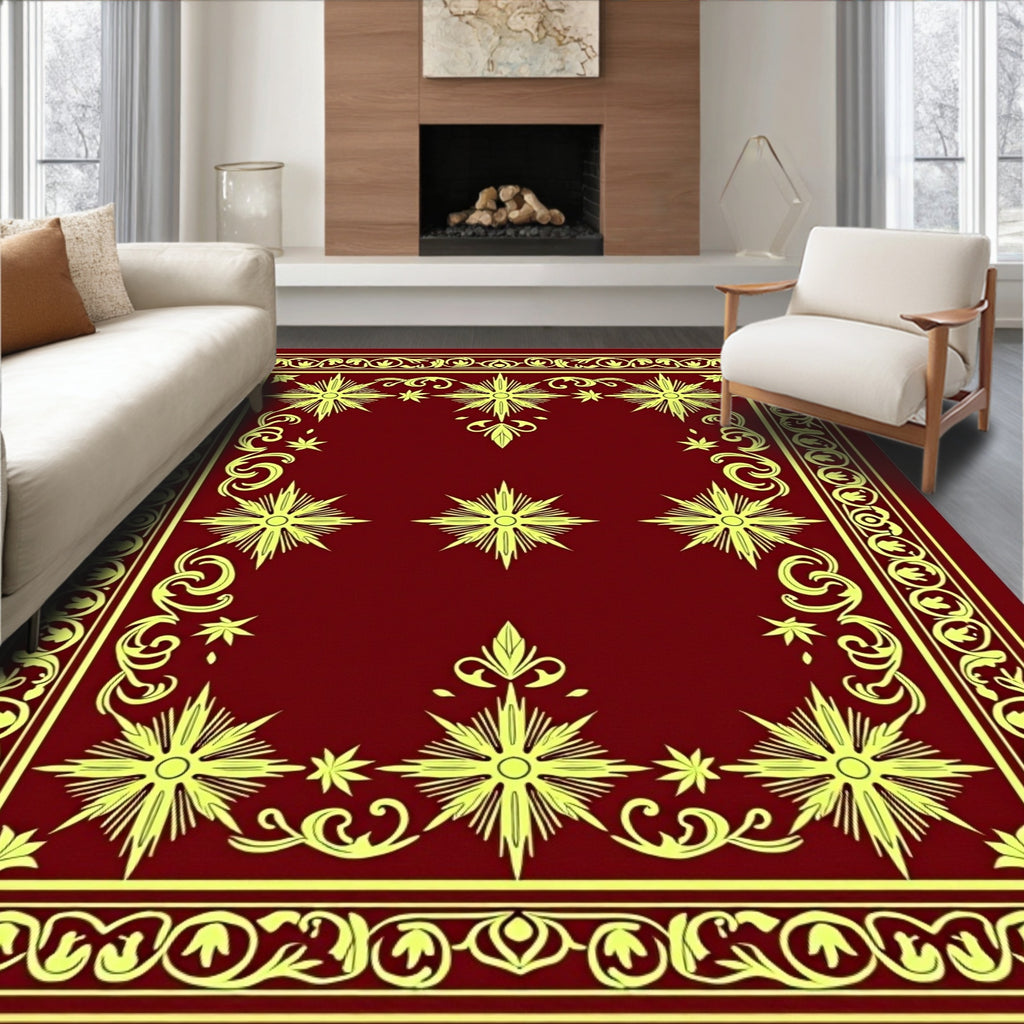 Crimson Yellow Starburst Ornamental Border Rug