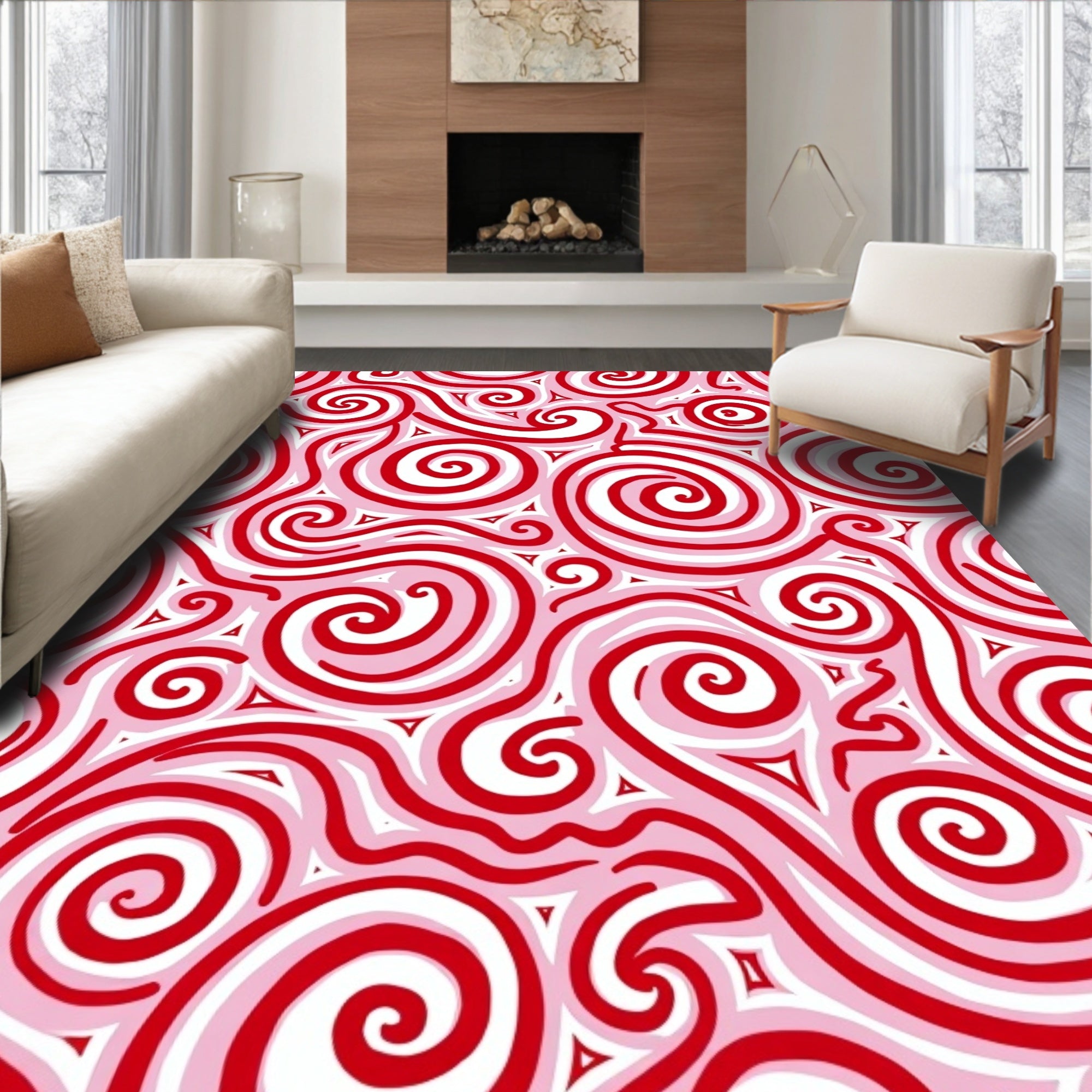 Crimson Swirls With Pink Triangles Rug