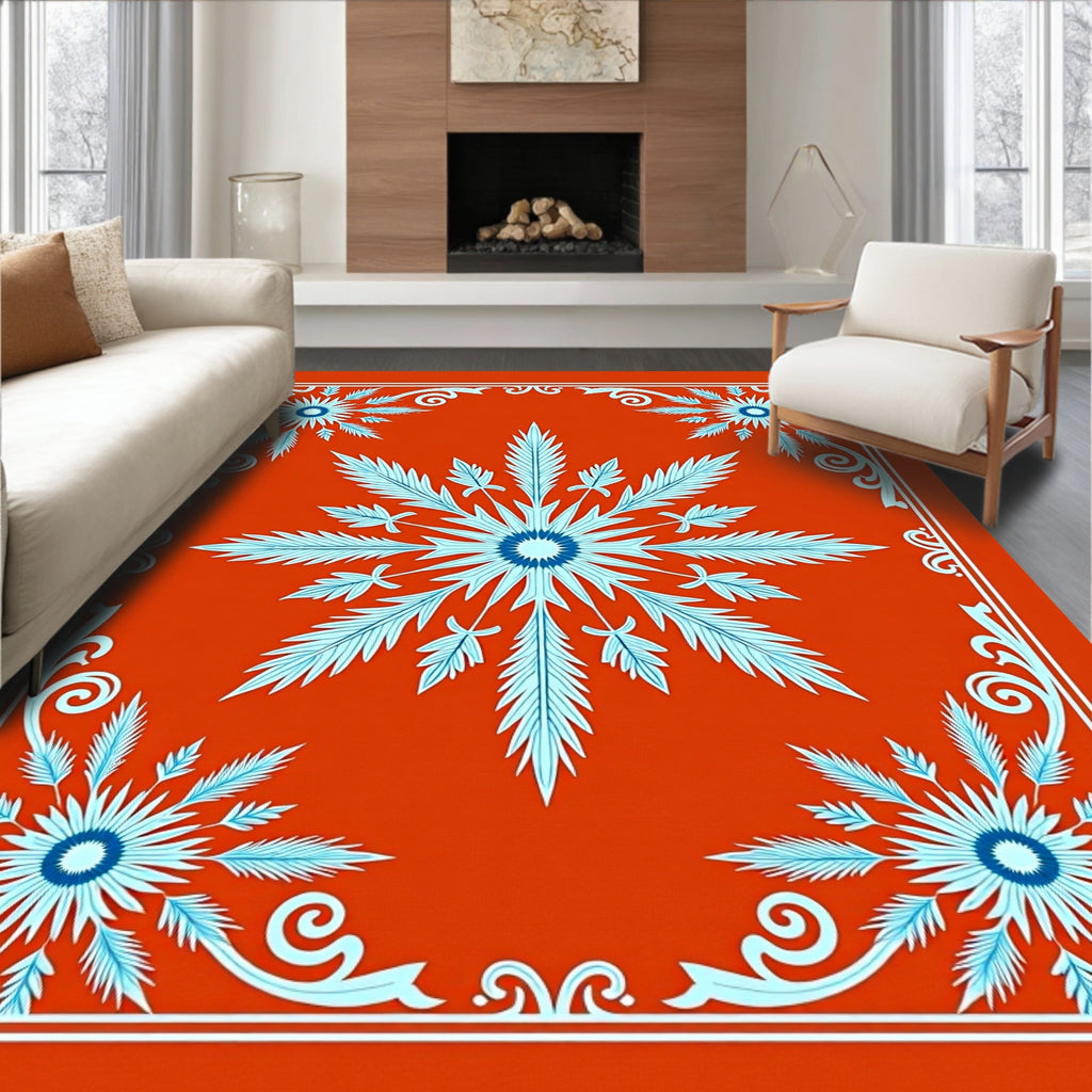 Orange Blue Feathered Floral Medallion Rug