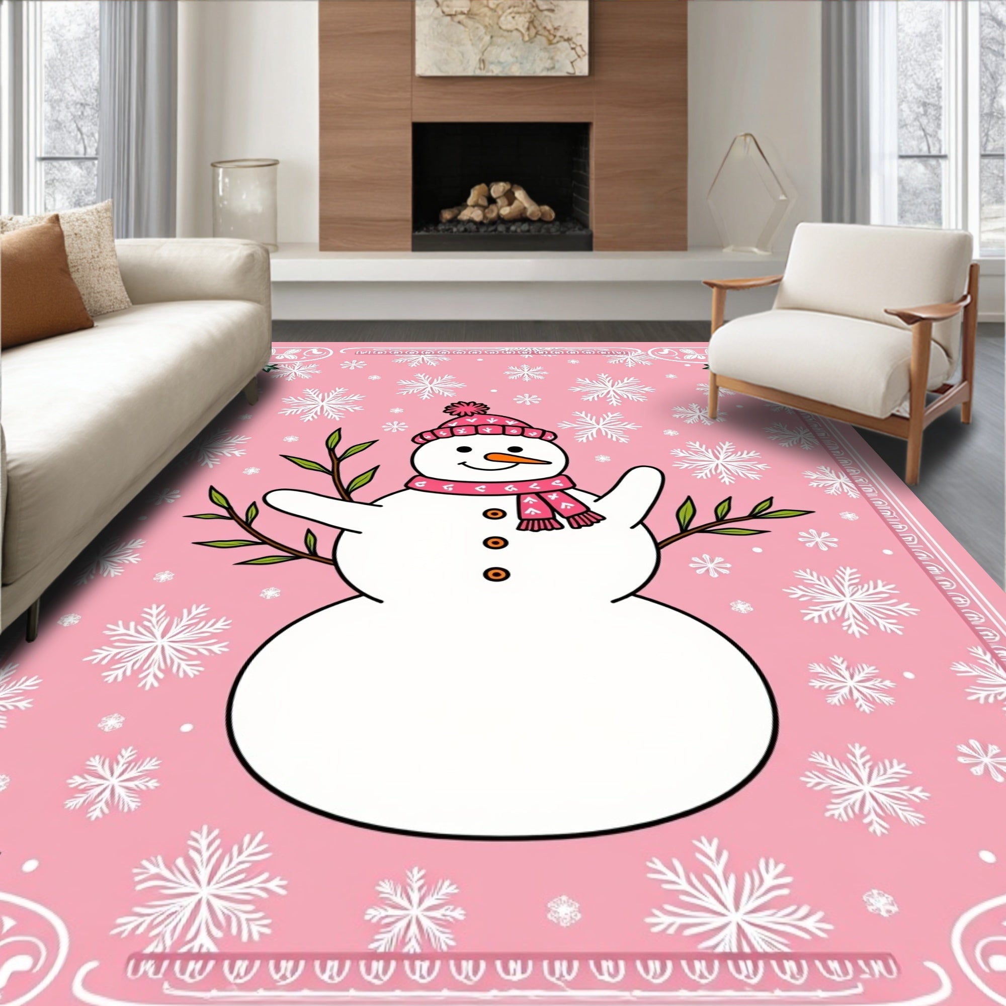 Pink Snowman Snowflake Border Rug