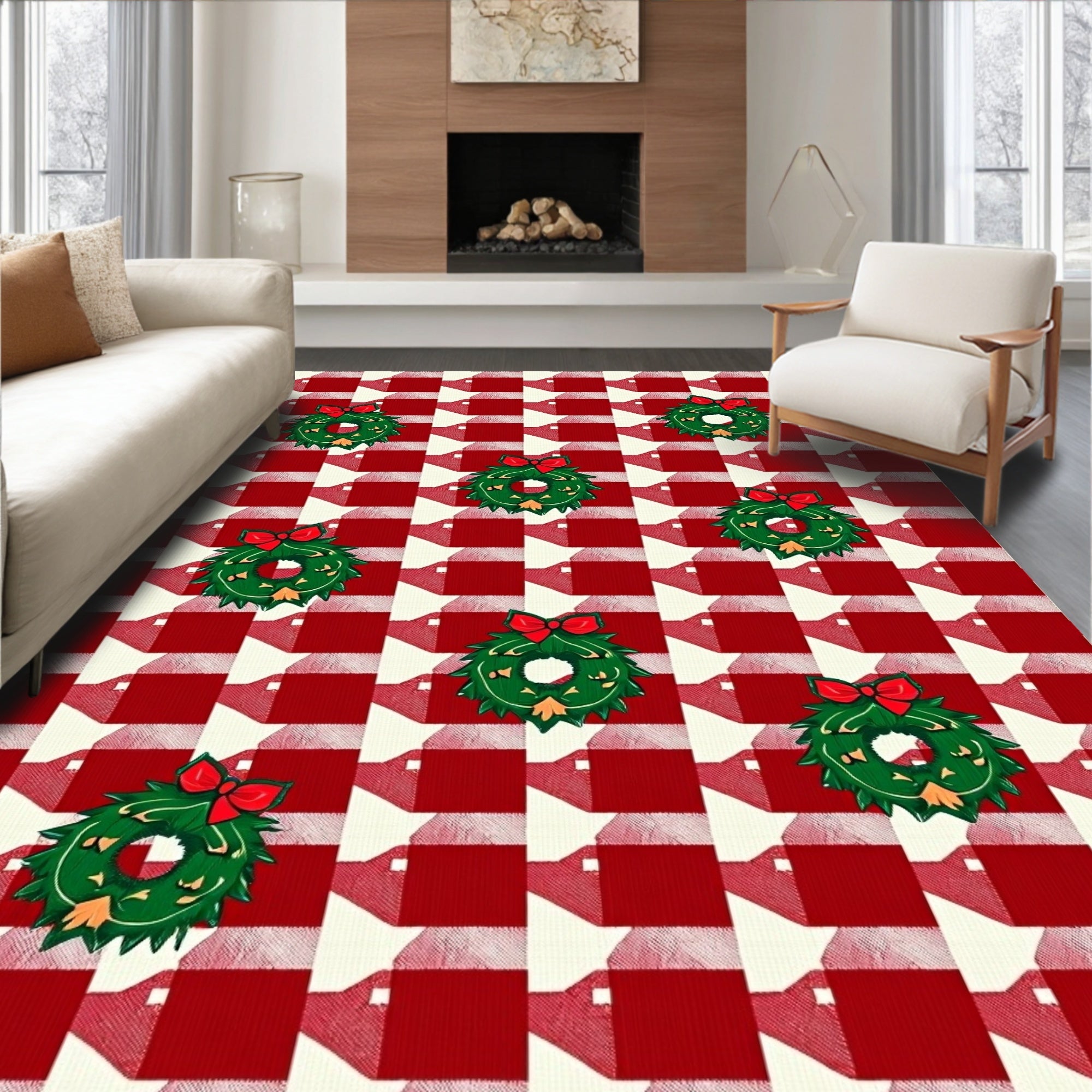 Festive Red Buffalo Plaid Wreath Rug