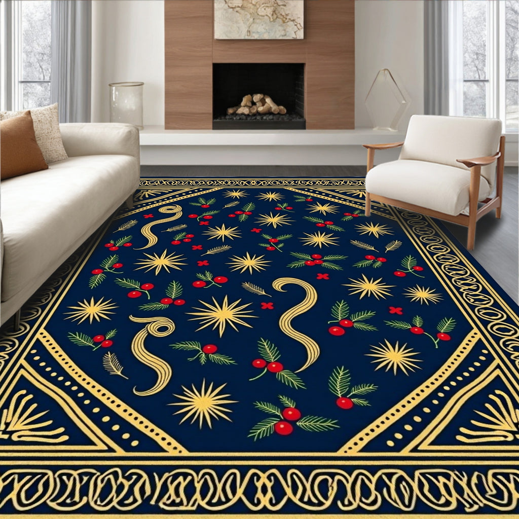Navy Blue Golden Star Holly Sprig Rug