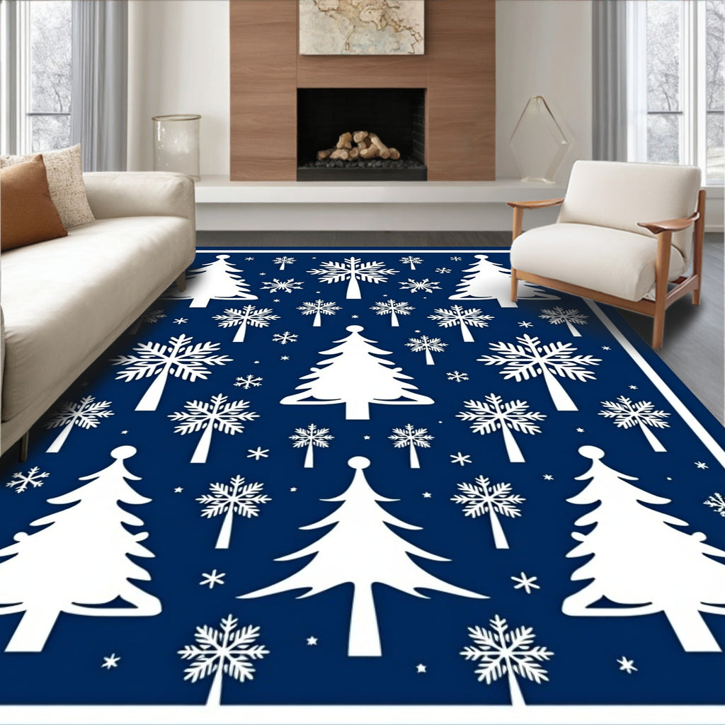 Classic Blue Snow Winter Forest Rug