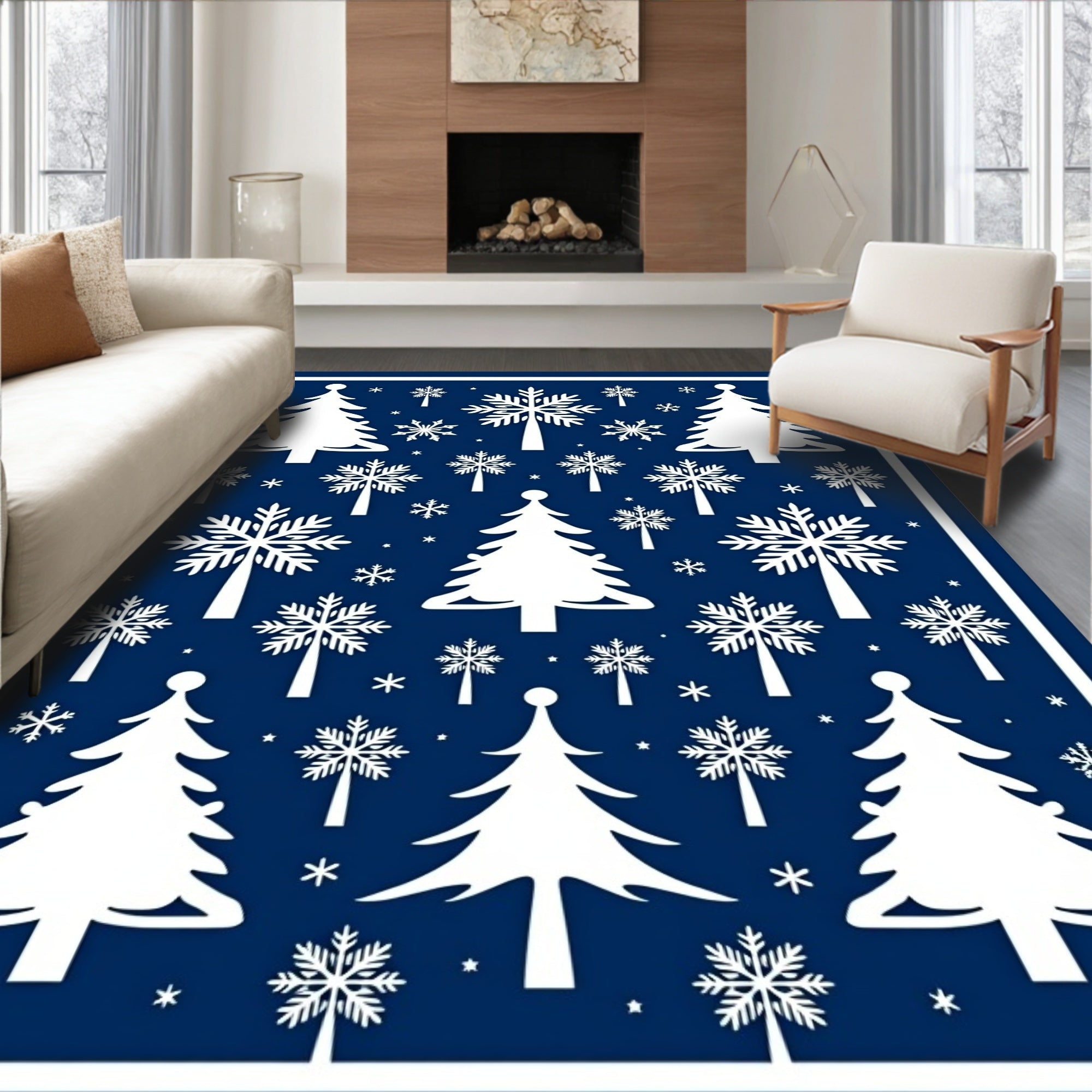 Classic Blue Snow Winter Forest Rug