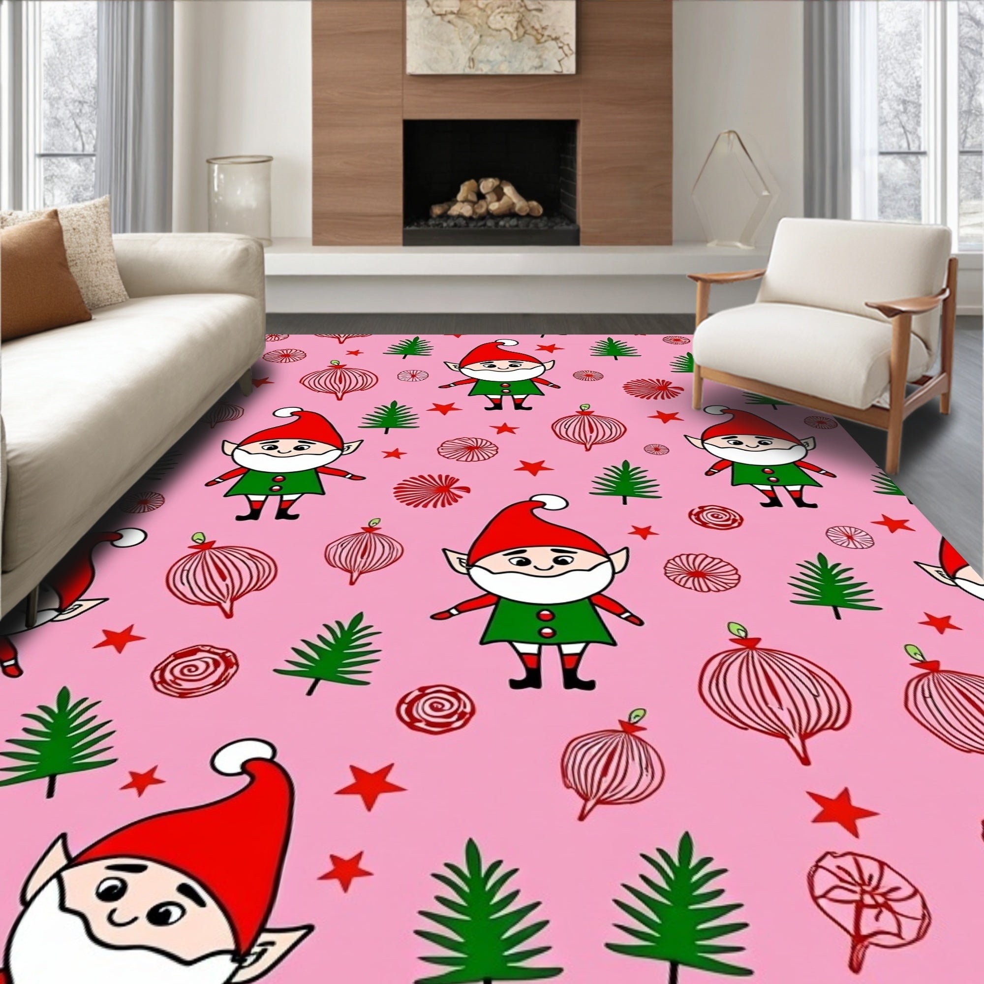 Whimsical Pink Elf Christmas Throw Rug