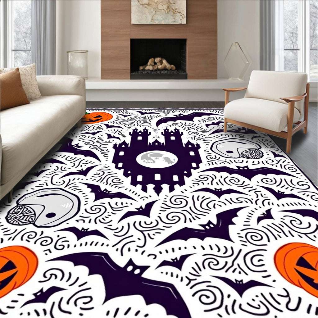 Spooky Halloween Castle Bats and Pumpkins Rug
