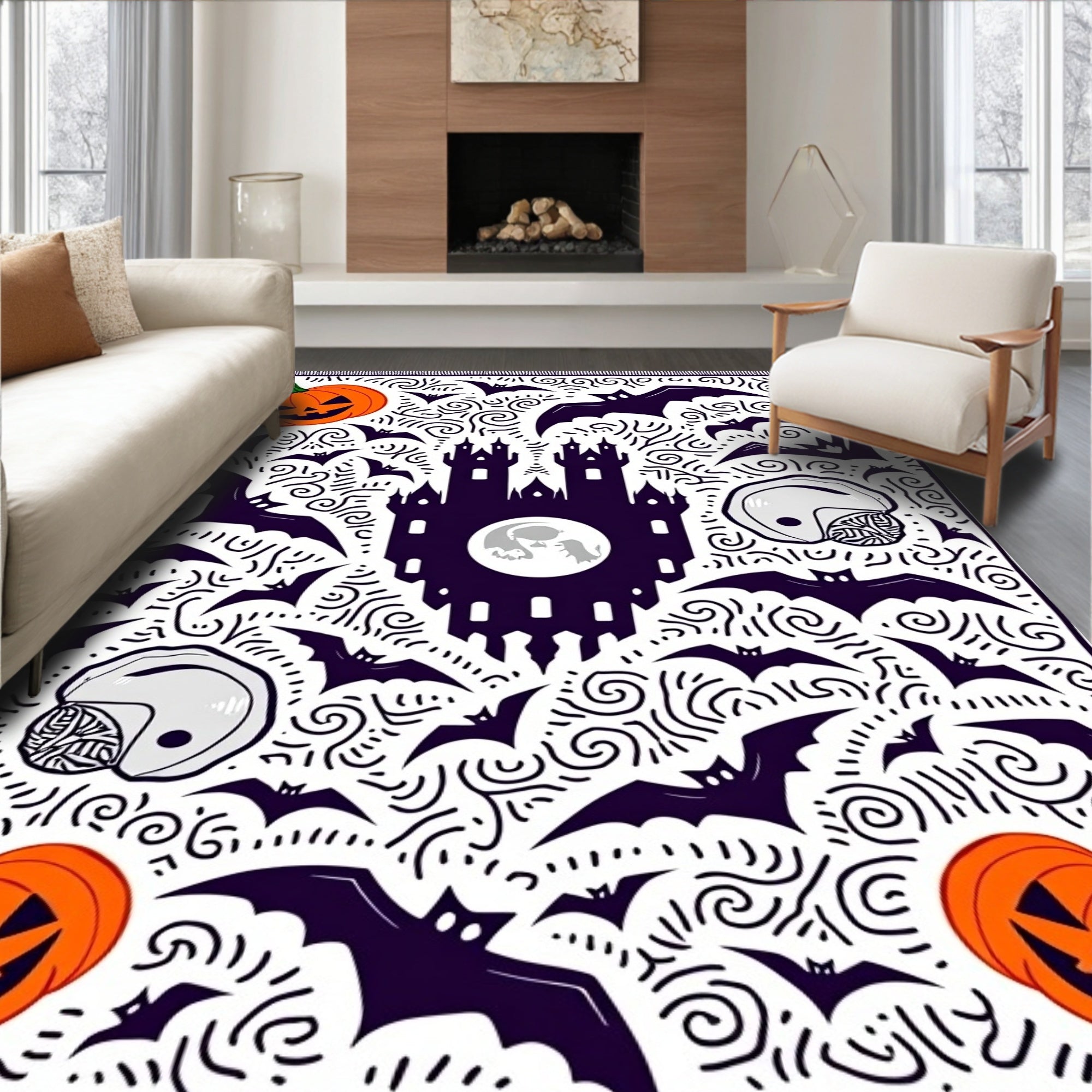 Spooky Halloween Castle Bats and Pumpkins Rug