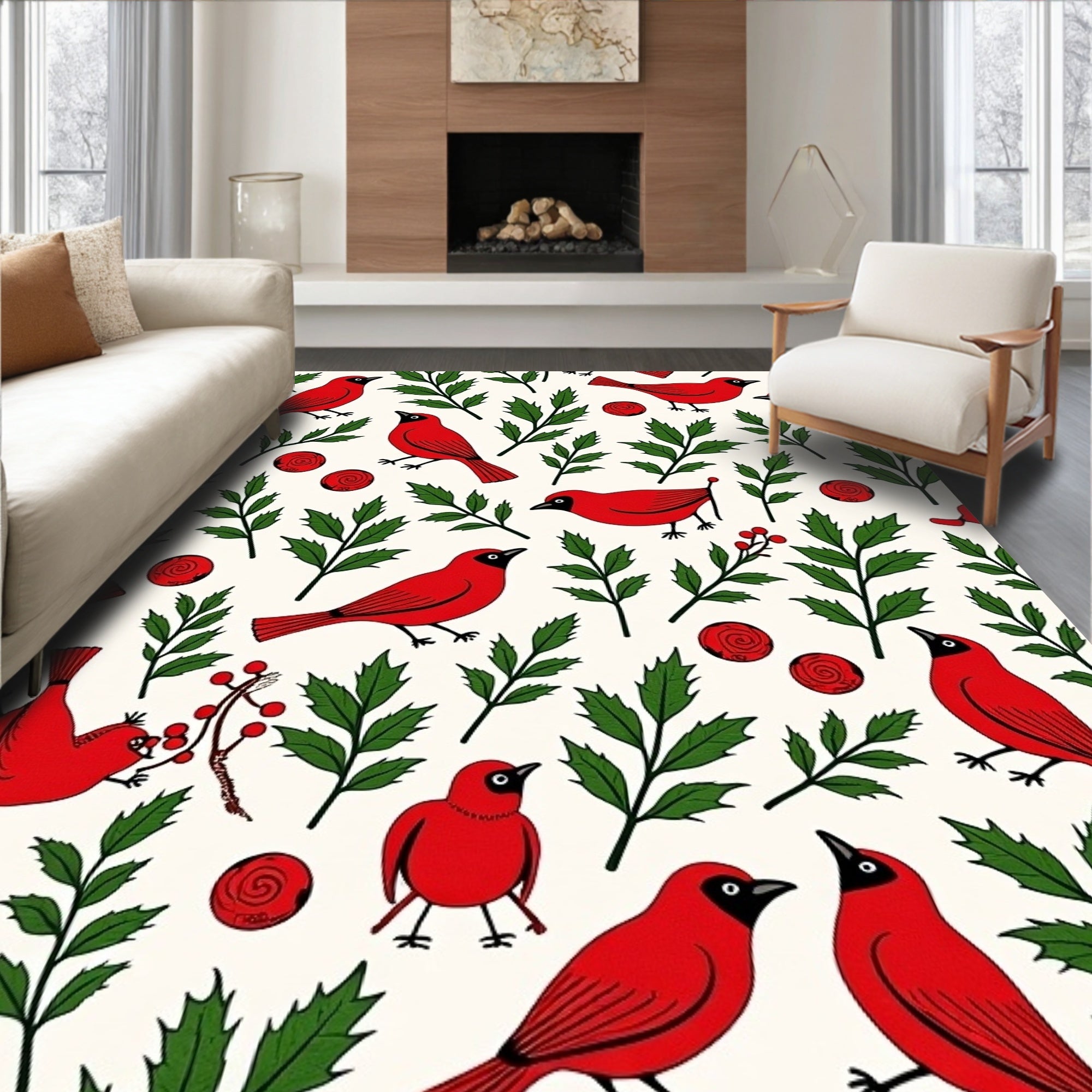Red Cardinal Green Holly Berry Duo Rug