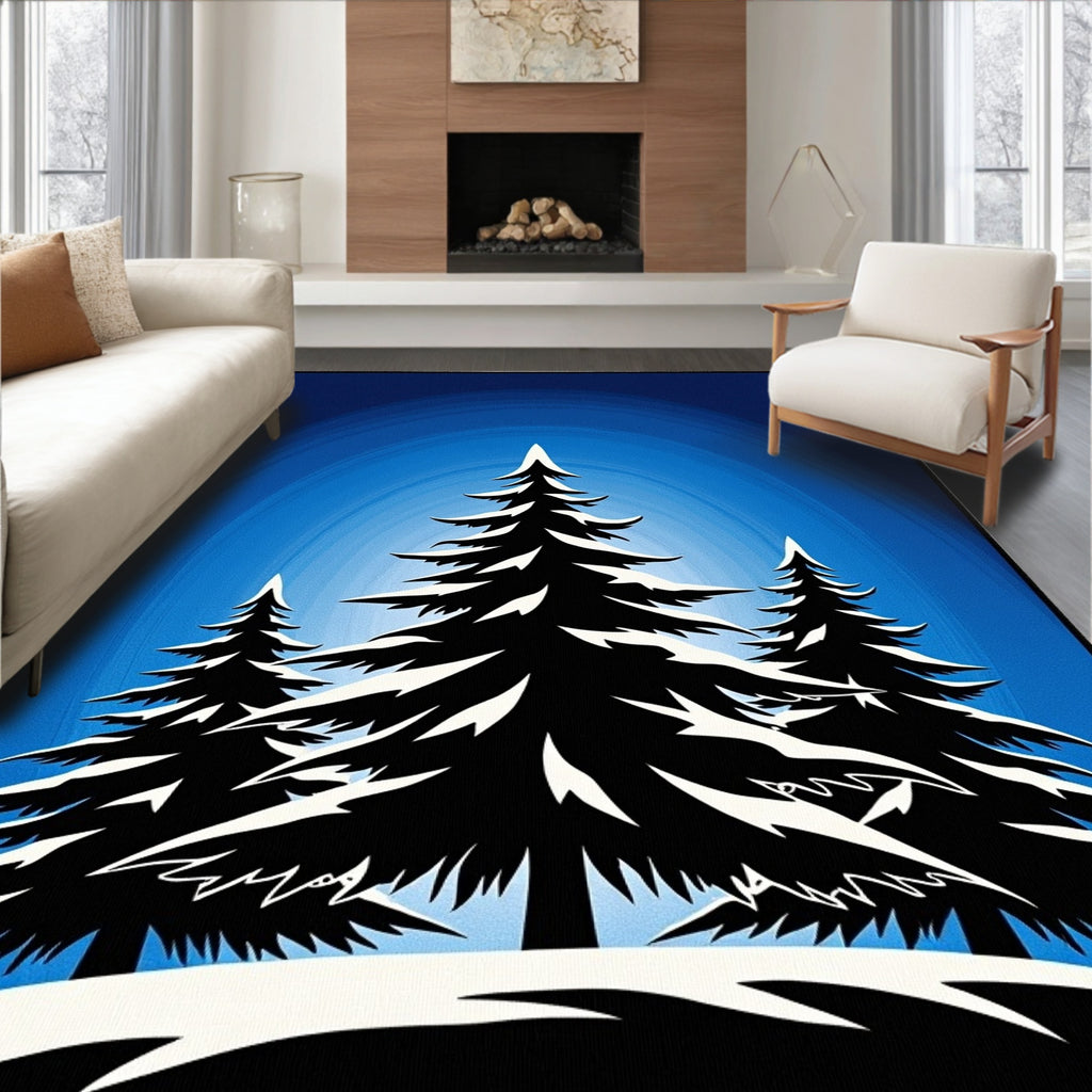 Midnight Blue Winter Evergreen Forest Rug