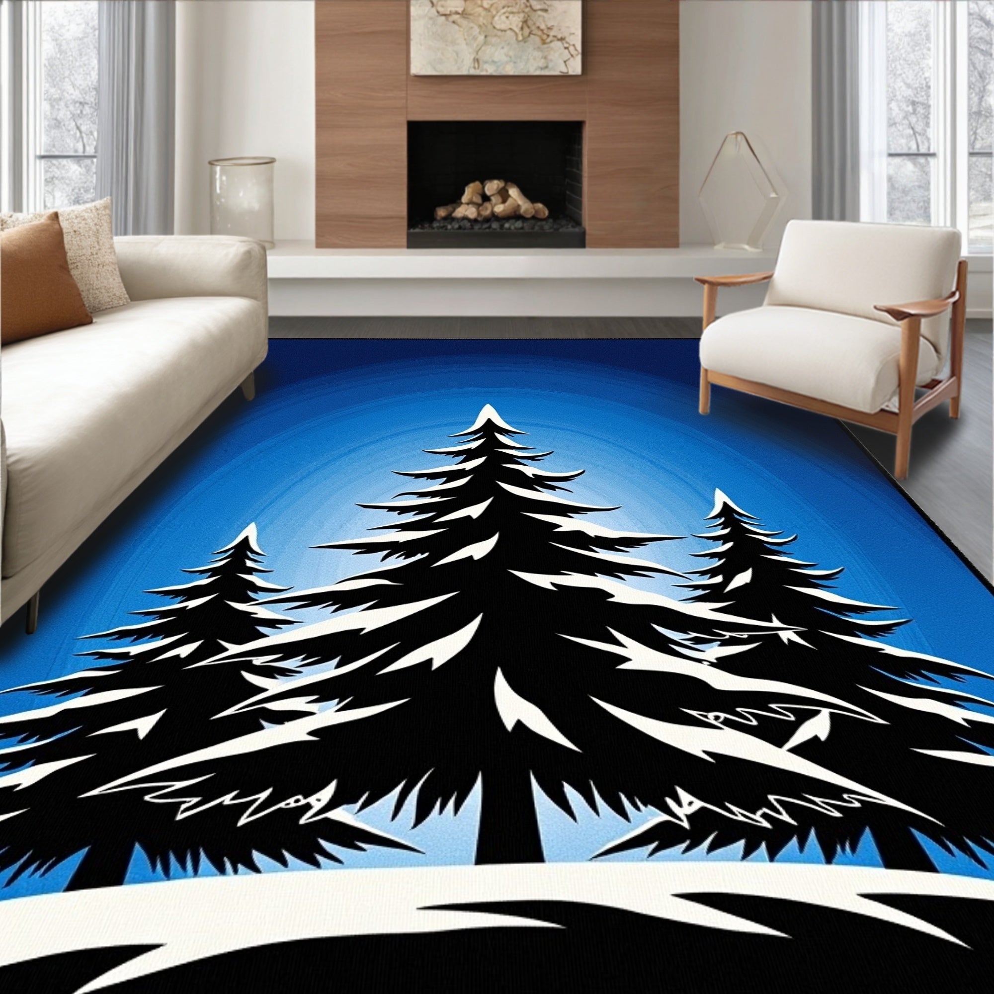 Midnight Blue Winter Evergreen Forest Rug