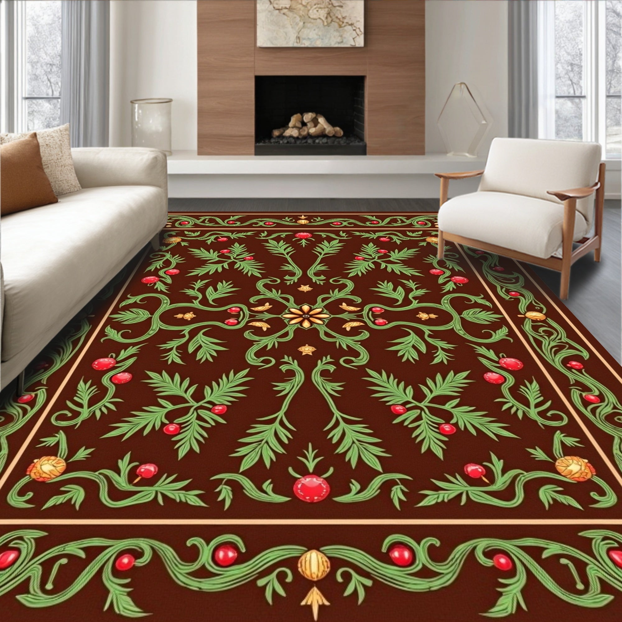 Antique Brown Red Berry Floral Rug