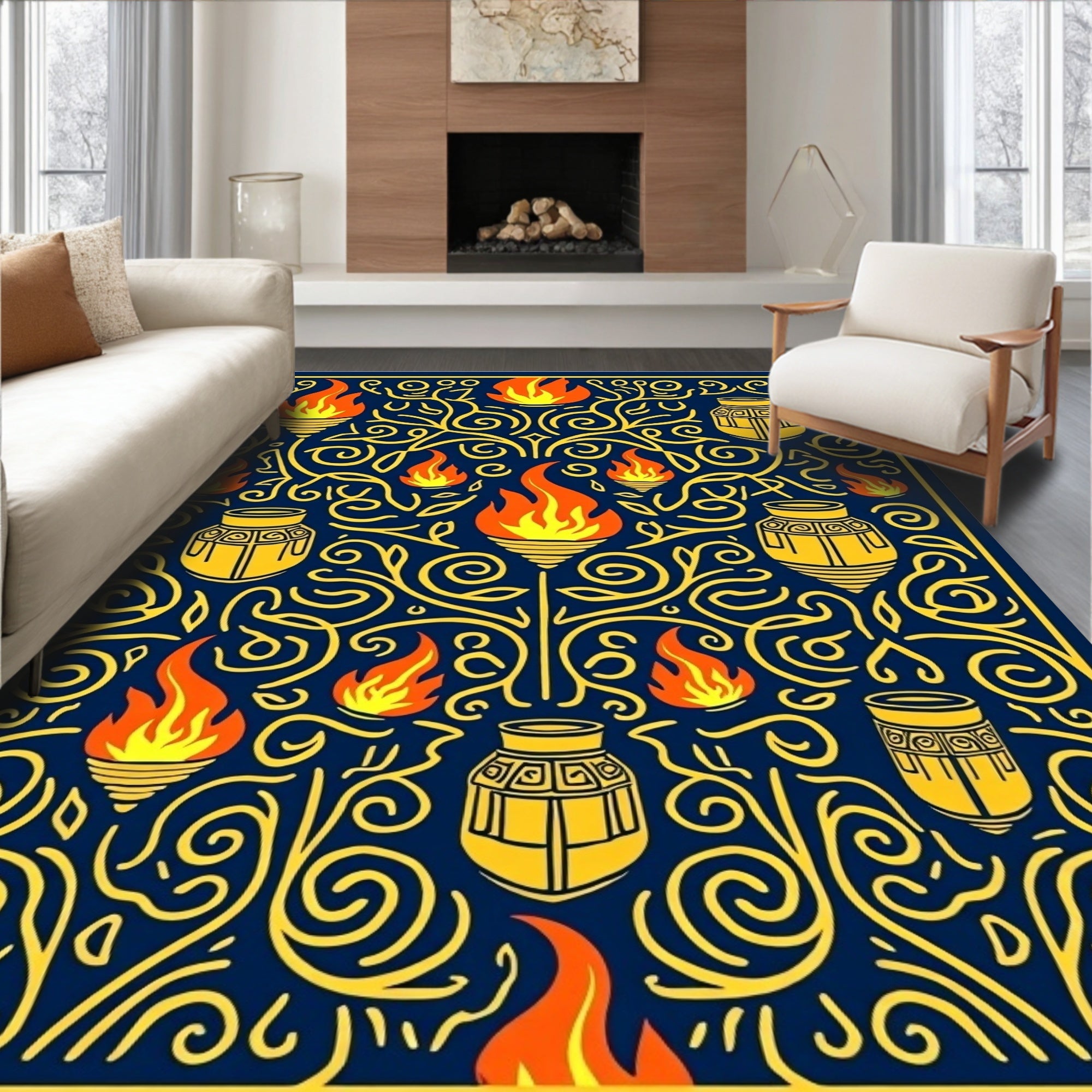 Deep Blue Yellow Flame Vase Swirl Rug