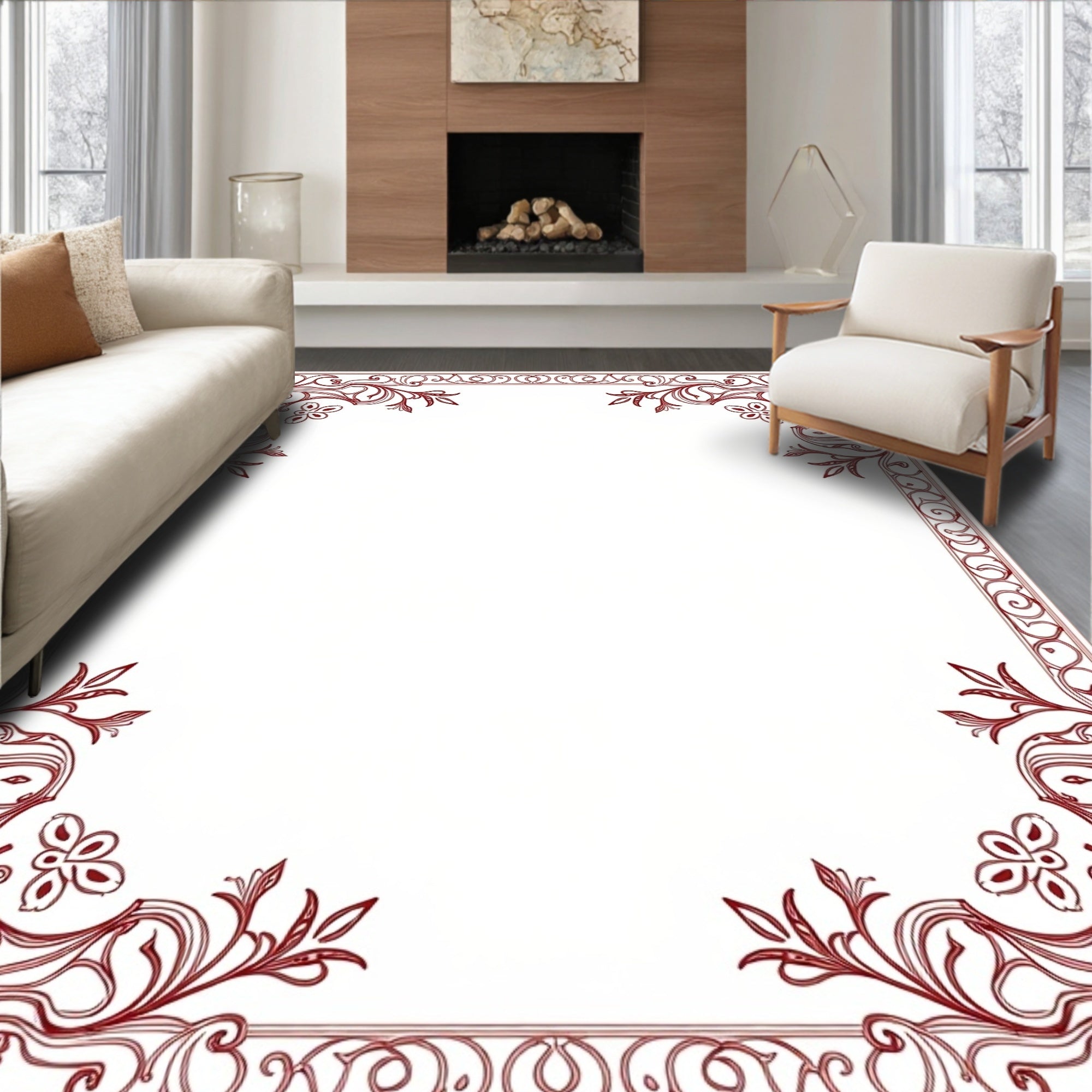 Ornate Red Art Nouveau Floral Border Rug