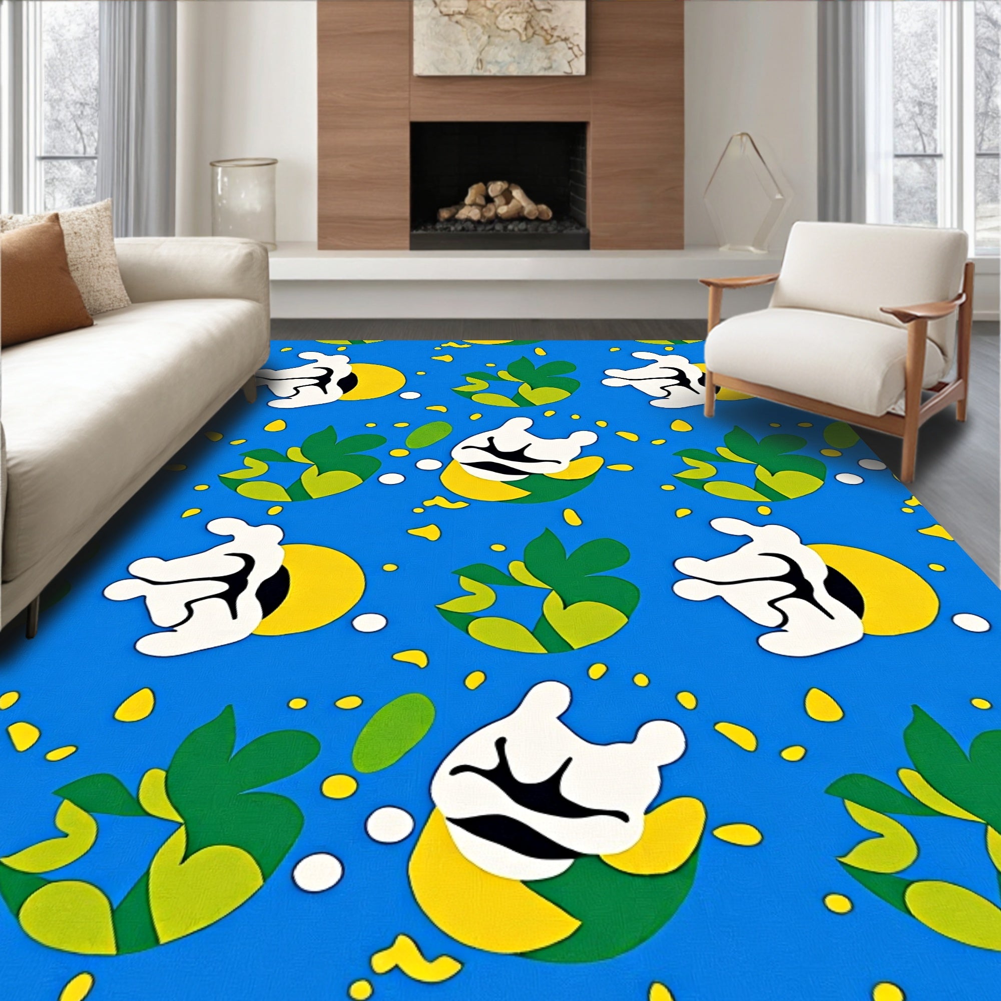 Cartoonish White Figure Yellow Circle Green Leaves Rug