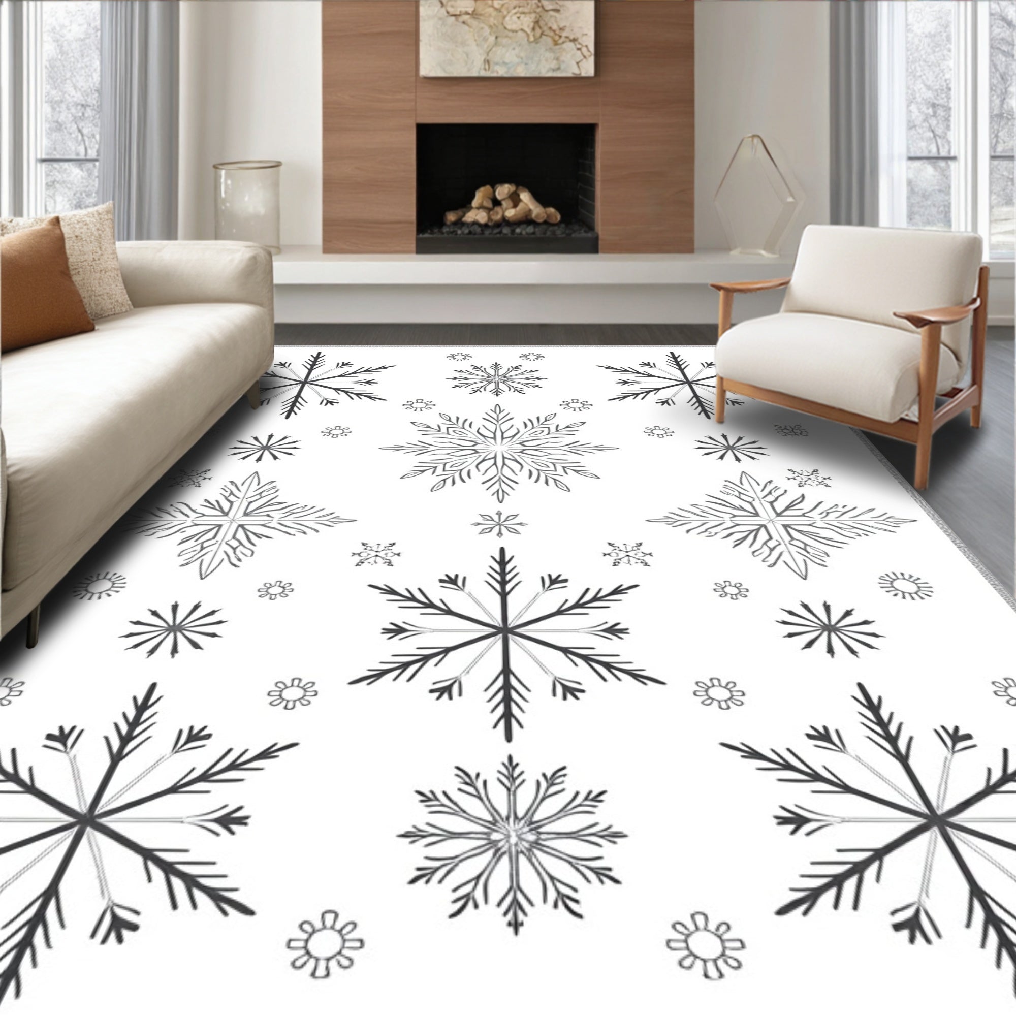 Winter Snowflakes Black White Arrangement Rug