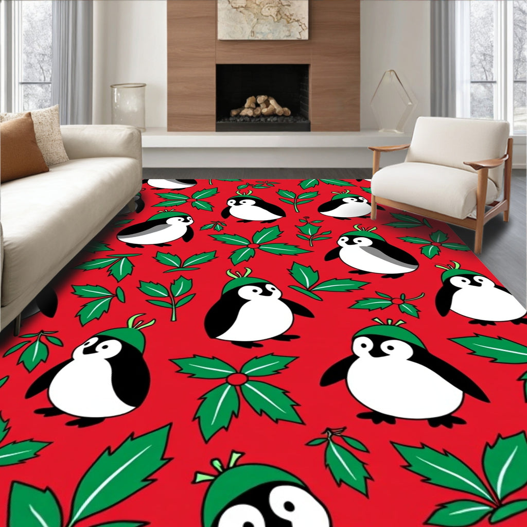 Cute Penguin Holly Holiday Red Rug