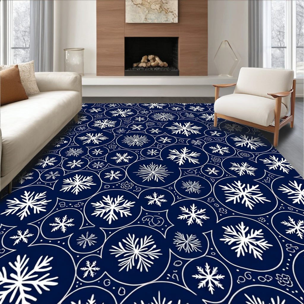 White Snowflake Circles on Navy Background Rug