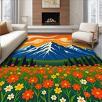 Vibrant Orange Sky Floral Mountain Landscape Rug