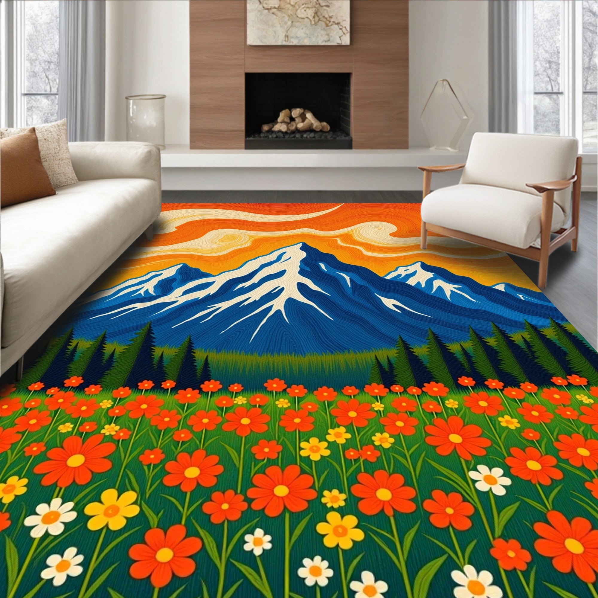 Vibrant Orange Sky Floral Mountain Landscape Rug